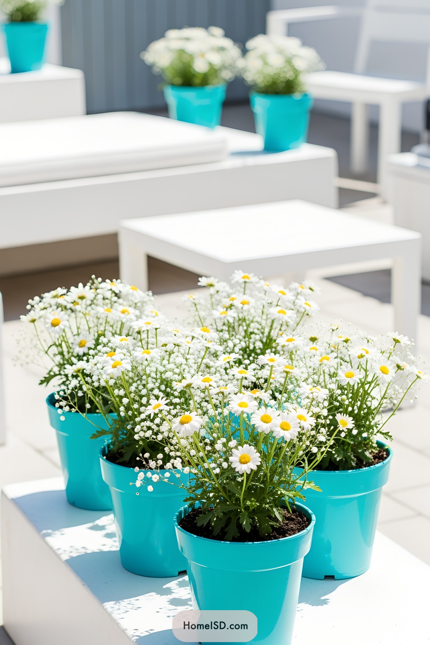 Small white flowers blooming in vibrant turquoise pots