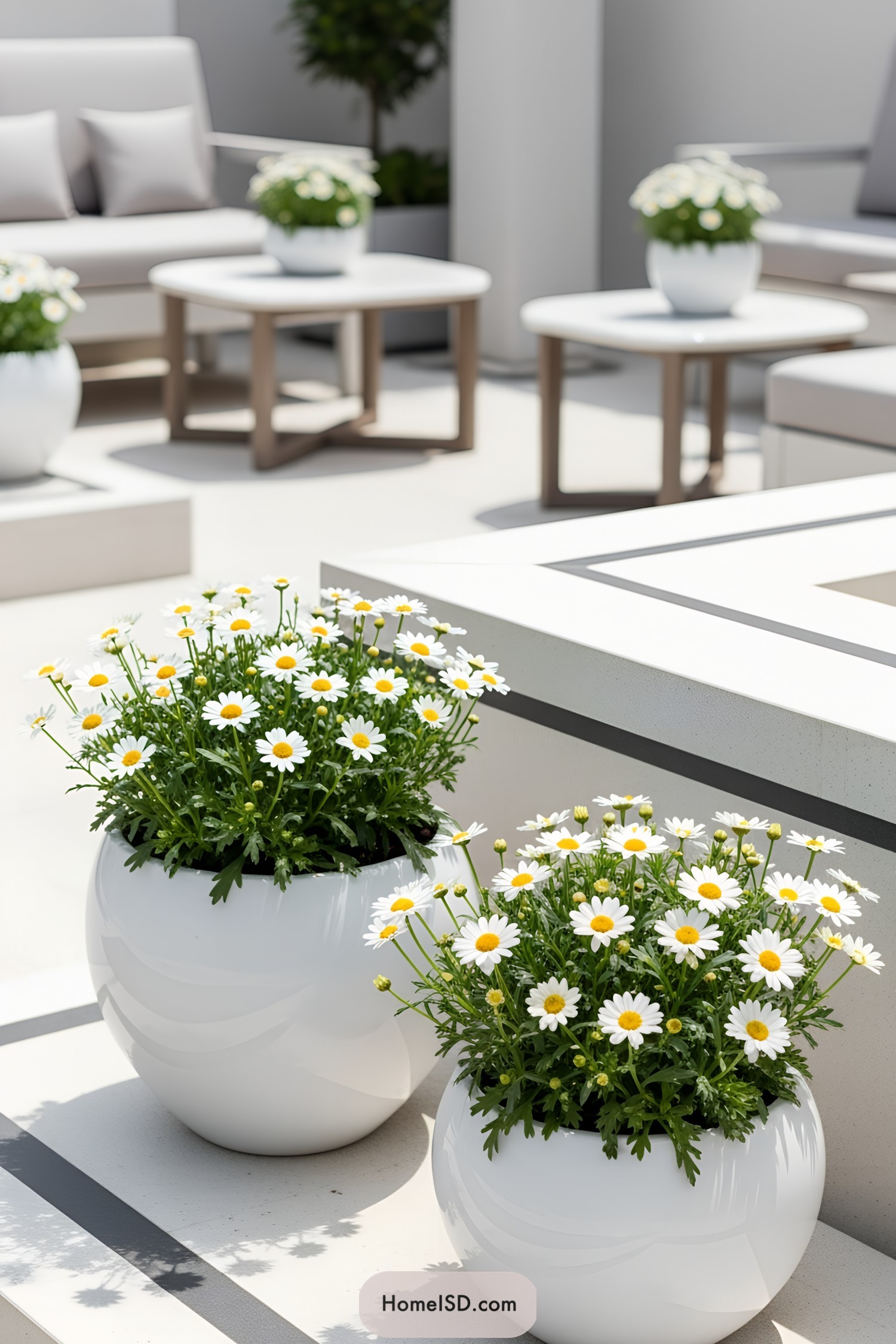 White ceramic pots with daisies on a chic patio