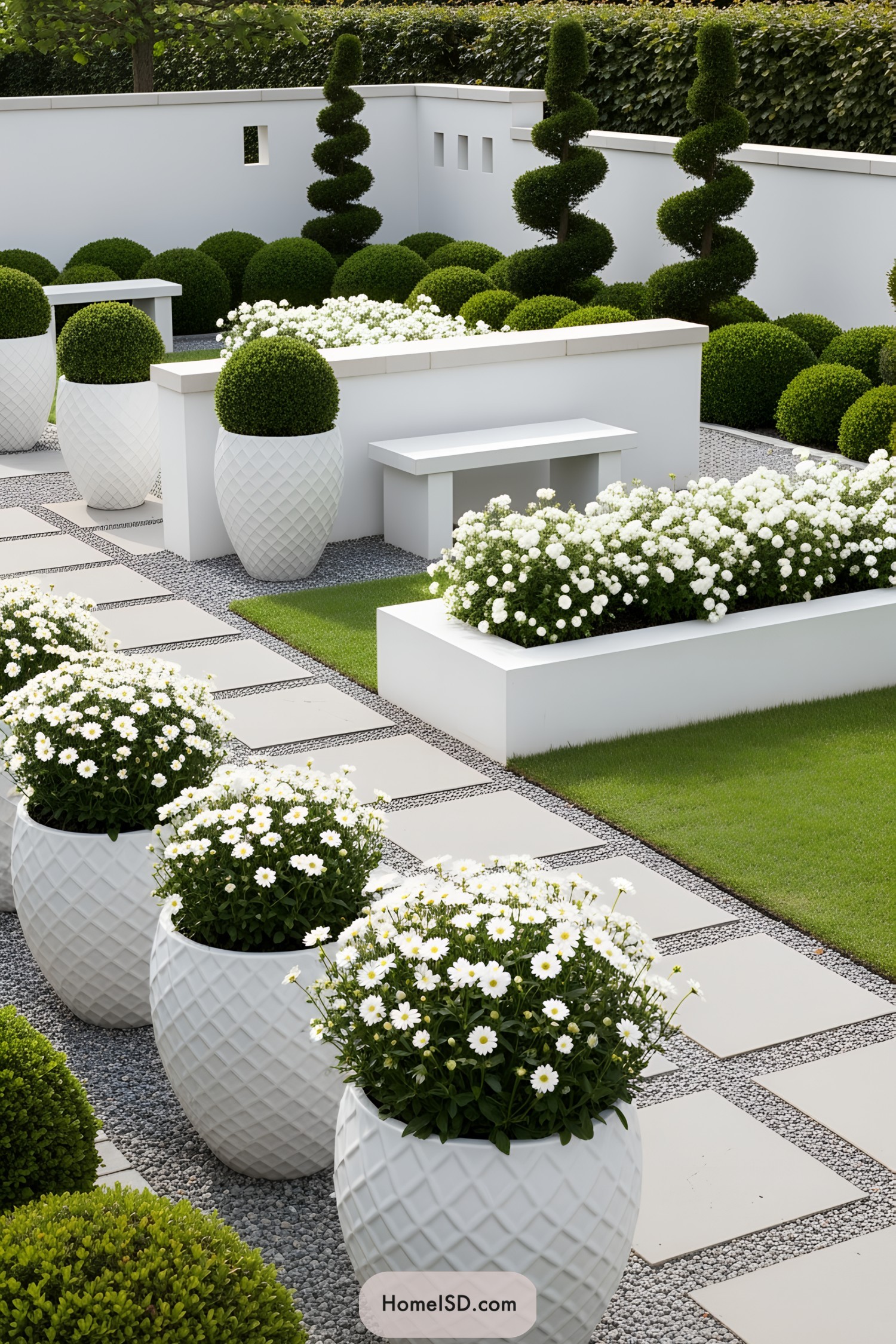 White pots with lush greenery on a modern patio