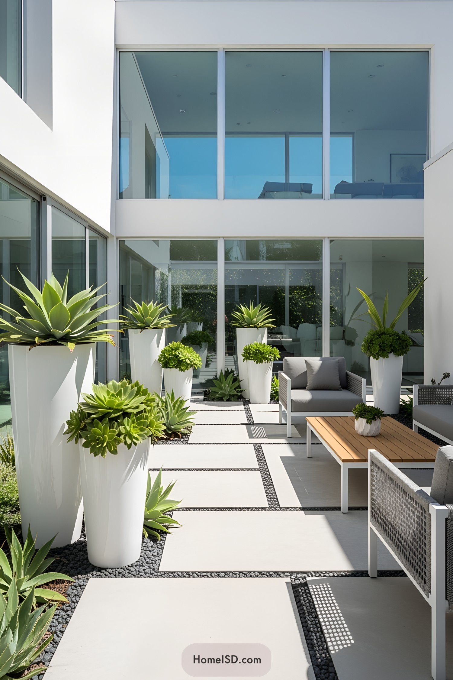 Sleek white planters adorn a stylish patio