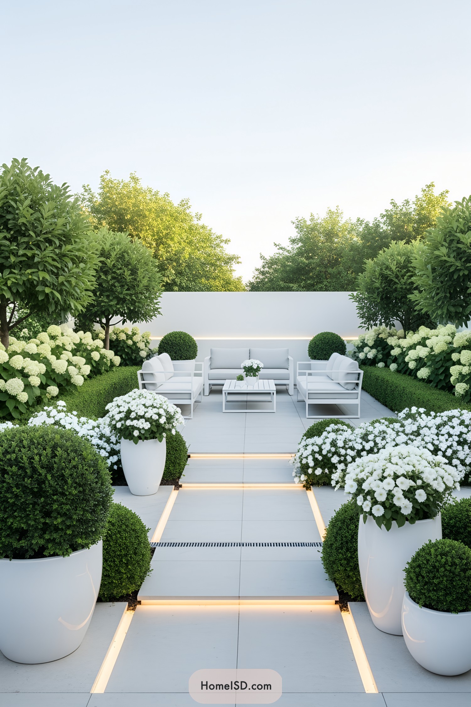 Modern outdoor lounge area with white planters and greenery