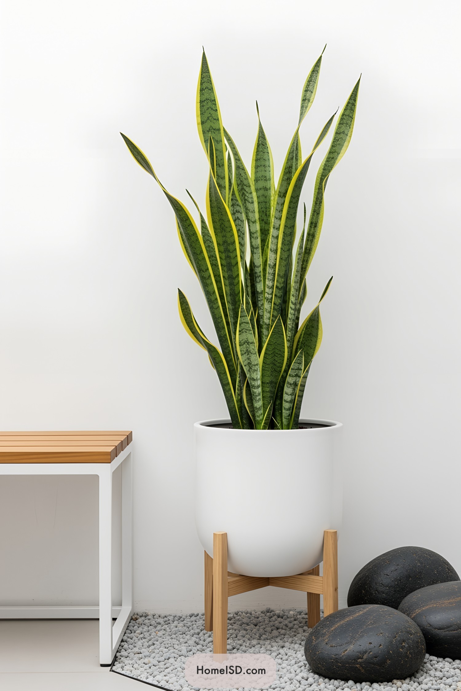 Tall potted plant beside a bench and decorative stones