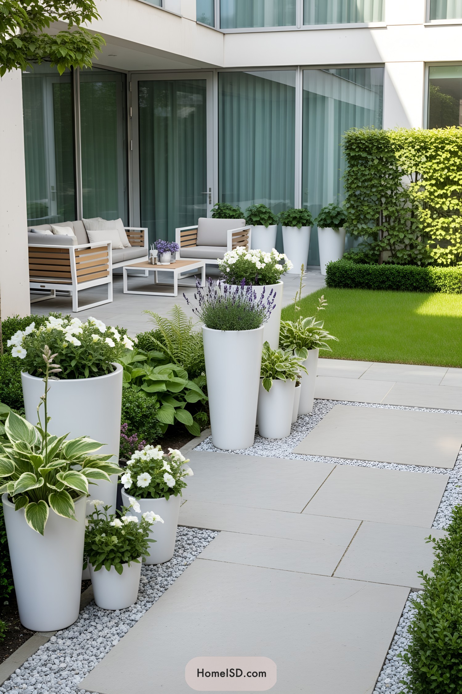 White planters with lush greenery on a modern patio