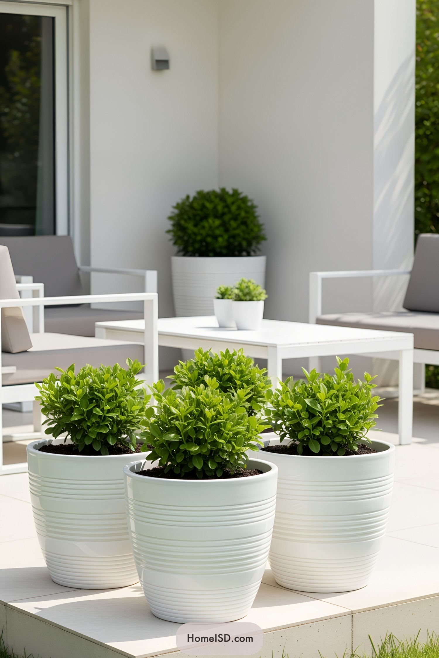 White planters with lush greenery on a chic patio