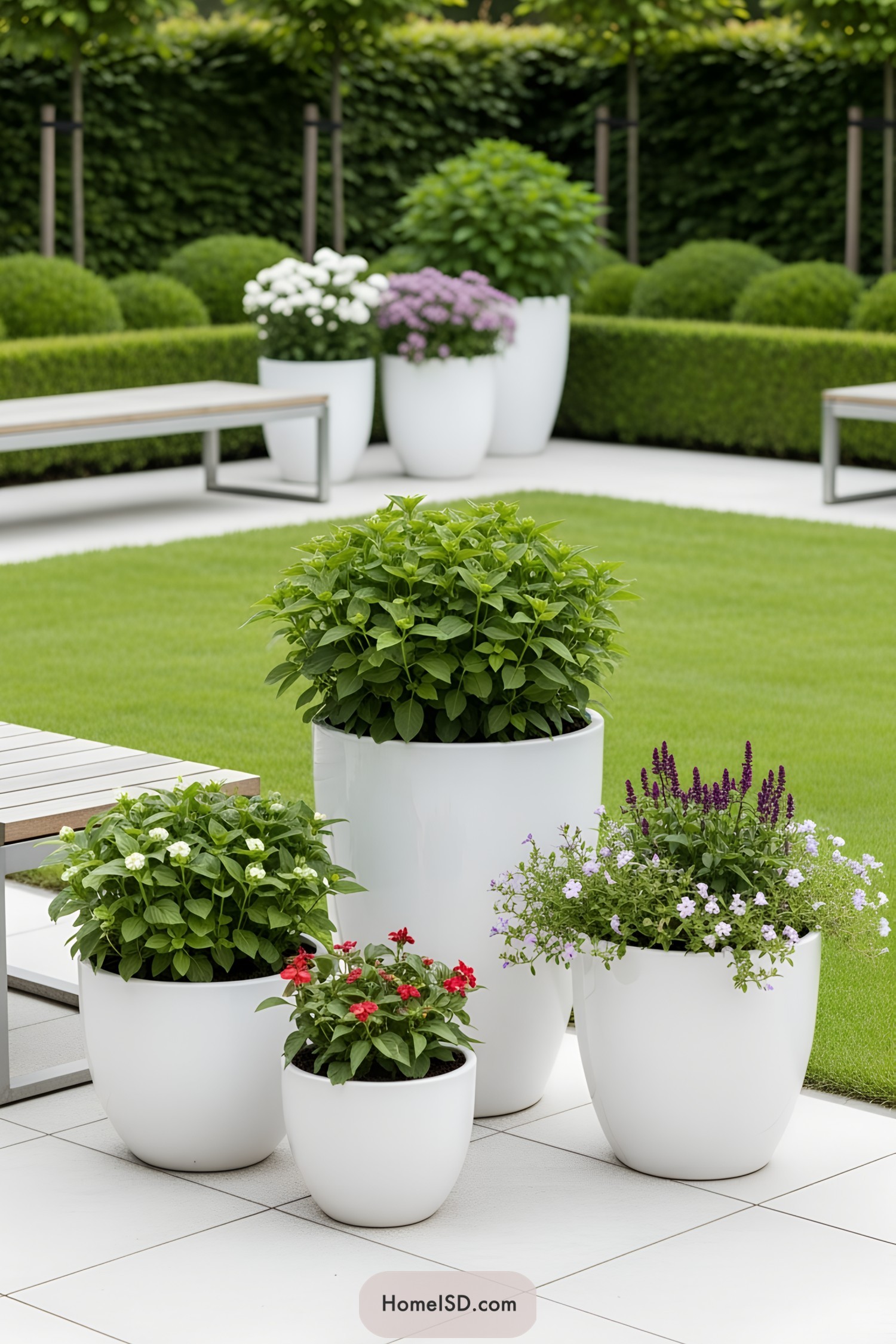 A collection of white flower pots on a lush, green patio