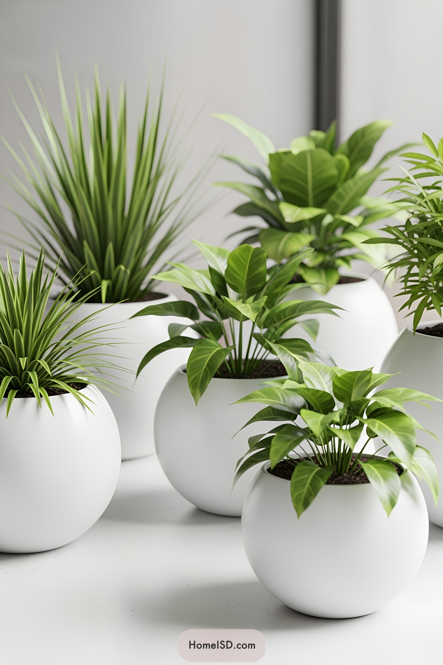 White spherical pots with vibrant green foliage