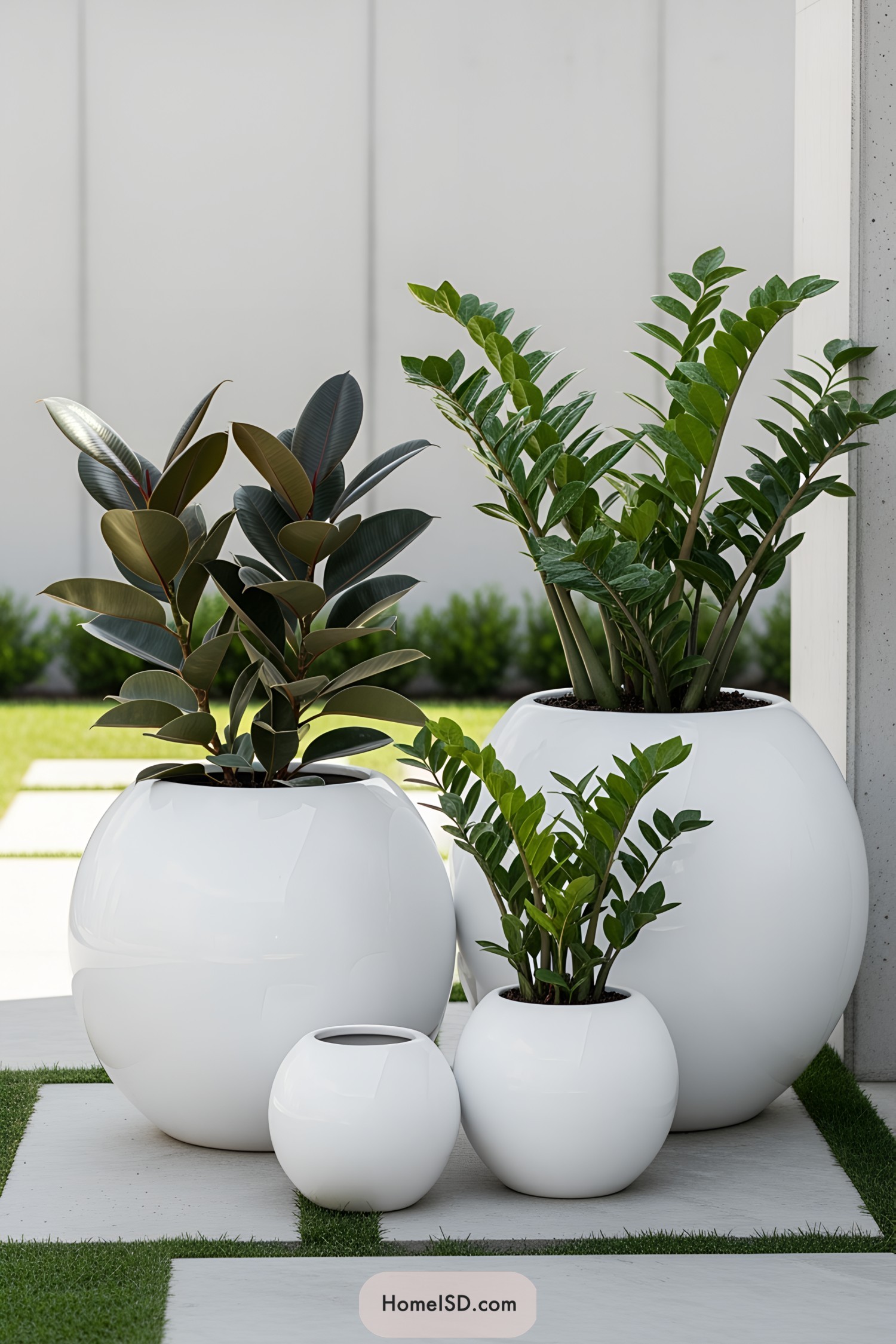 Sleek white spherical planters with lush green plants