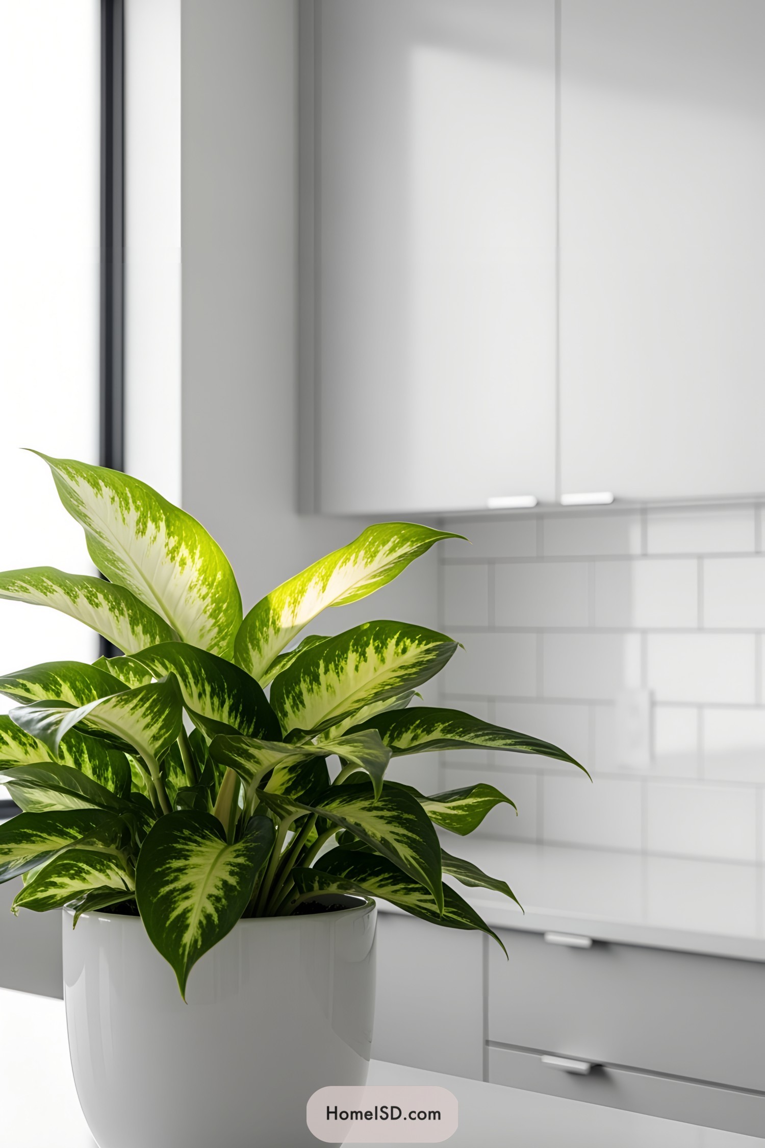 Lush foliage blooms in a white pot on a kitchen counter