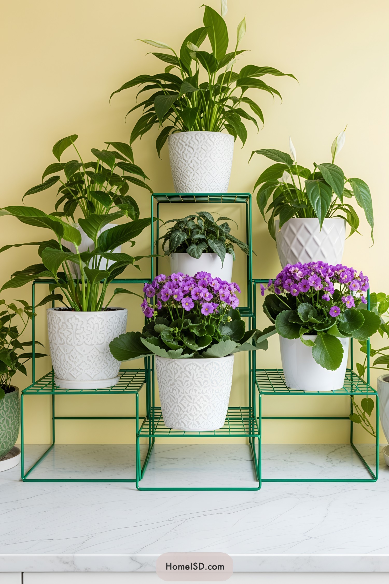 White pots on a green metal plant stand with flowers and leaves