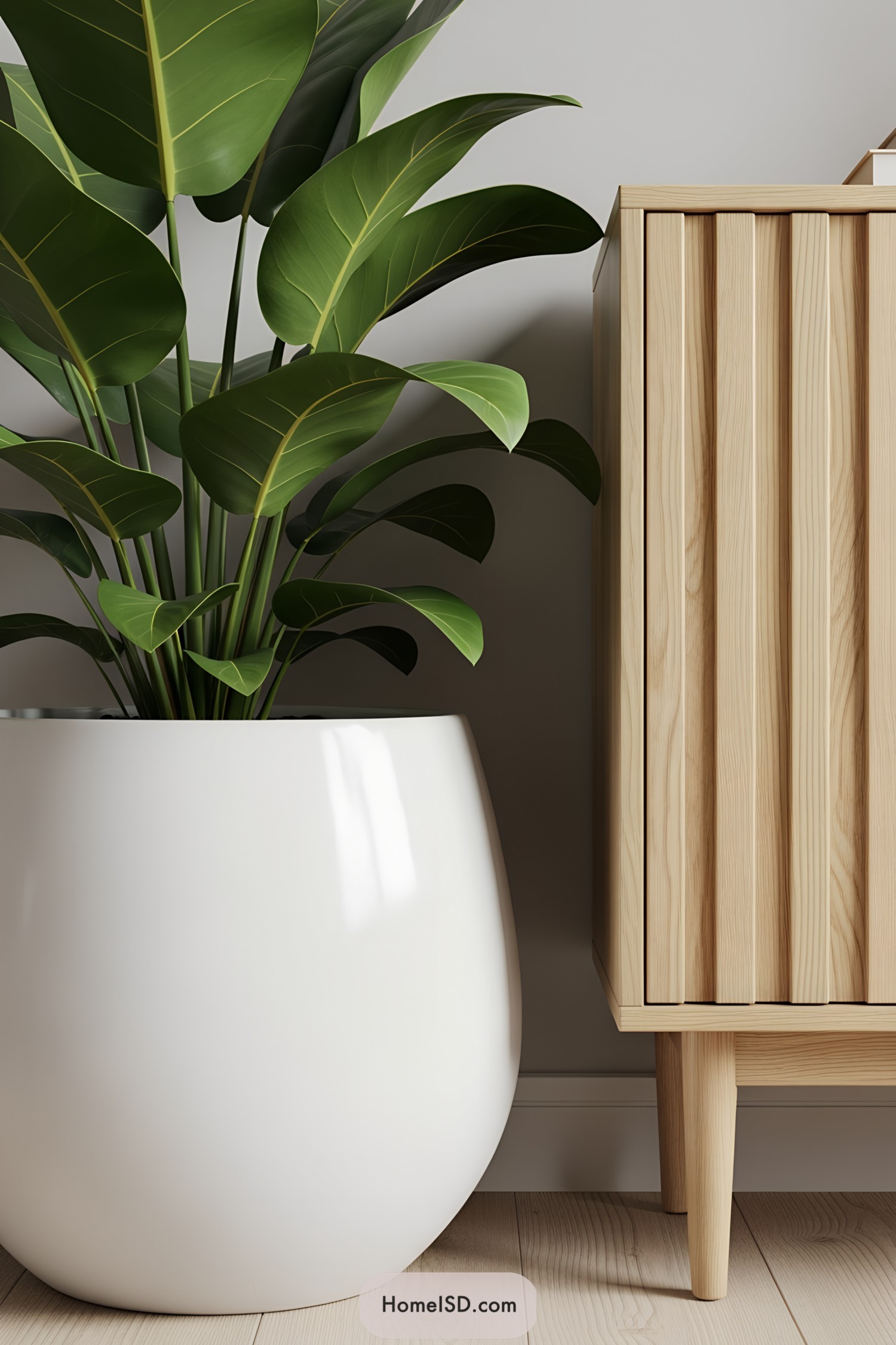 White pot with lush green plant against wooden cabinet