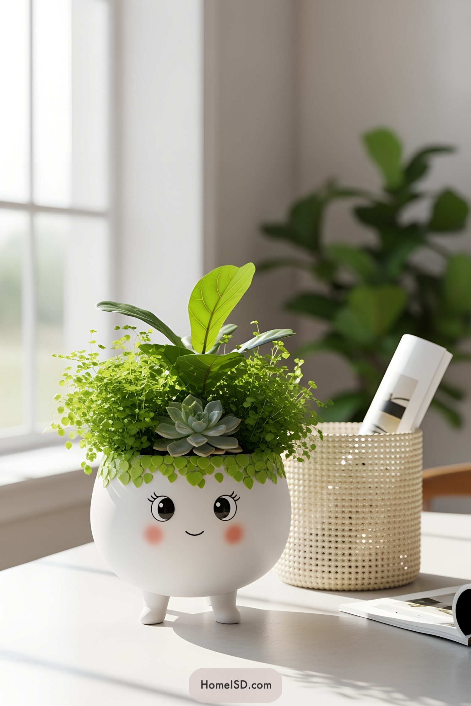 Adorable round pot with face design holding various small plants
