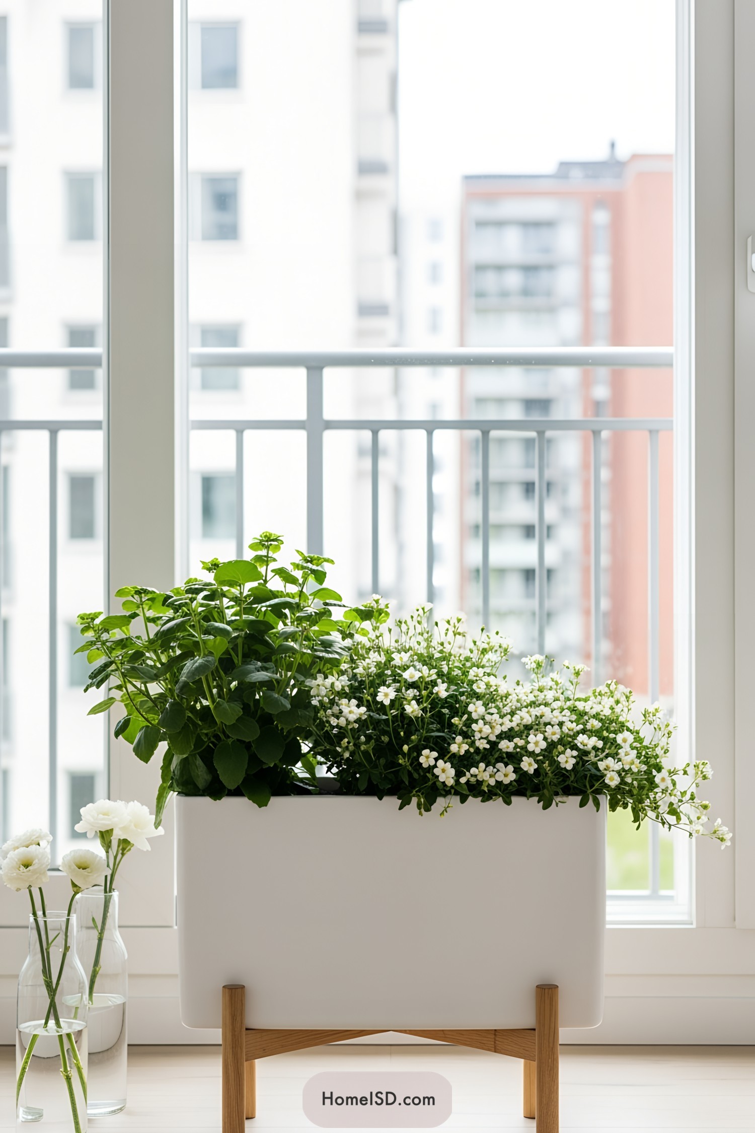 White planters on a sunny balcony