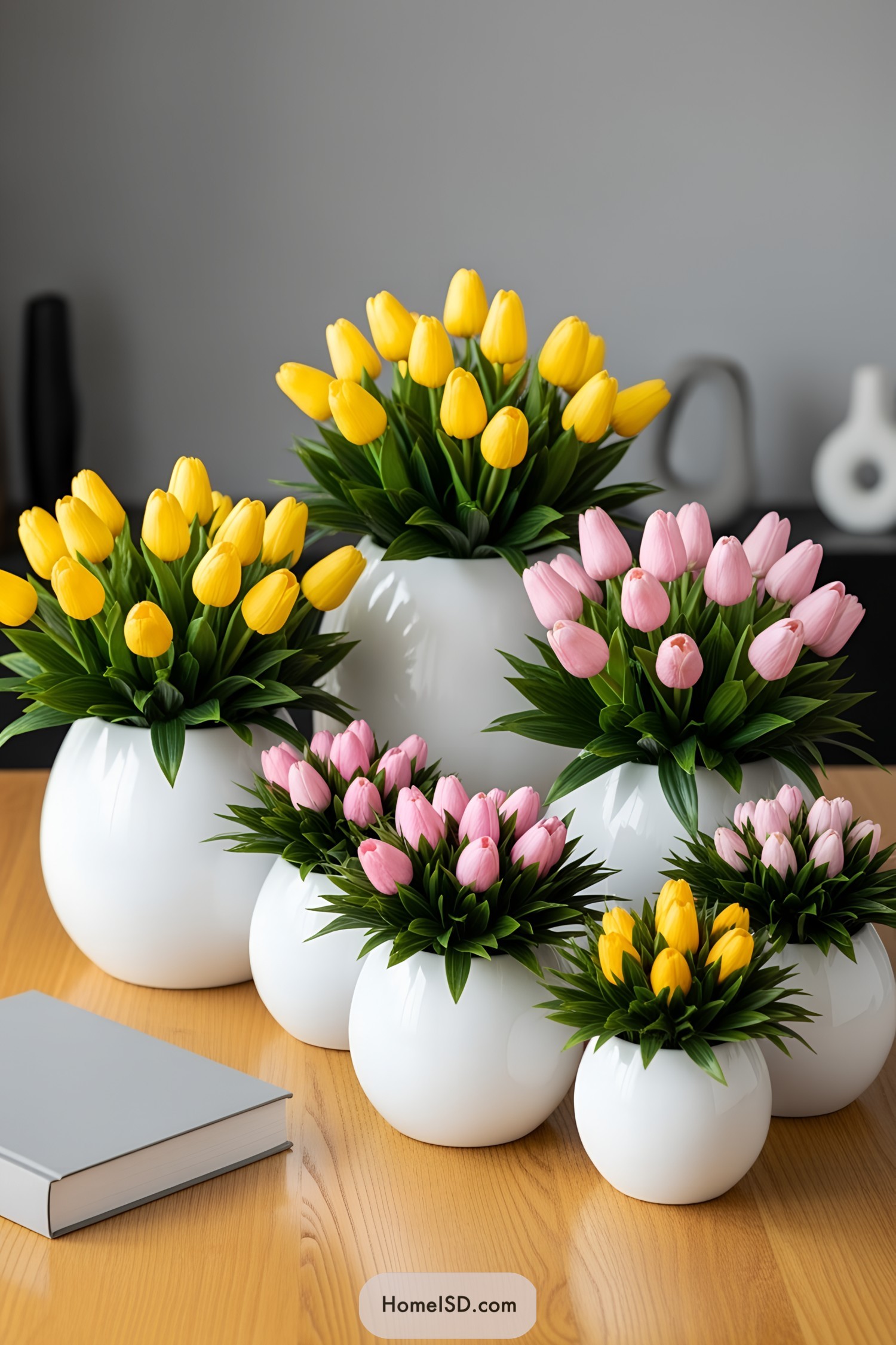 Yellow and pink tulips in white round pots on wooden table