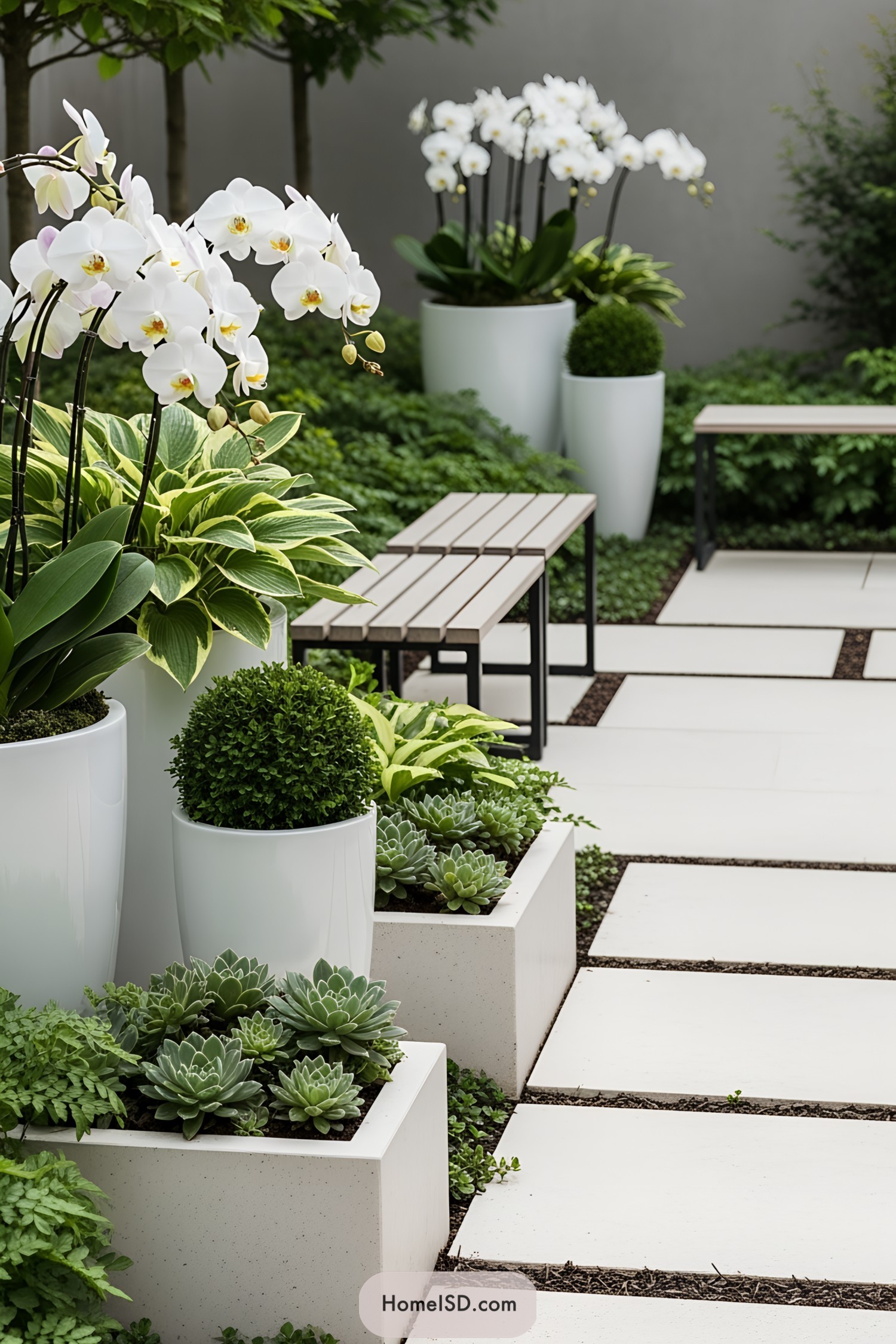 White flower pots adorned with vibrant plants in a modern outdoor setting