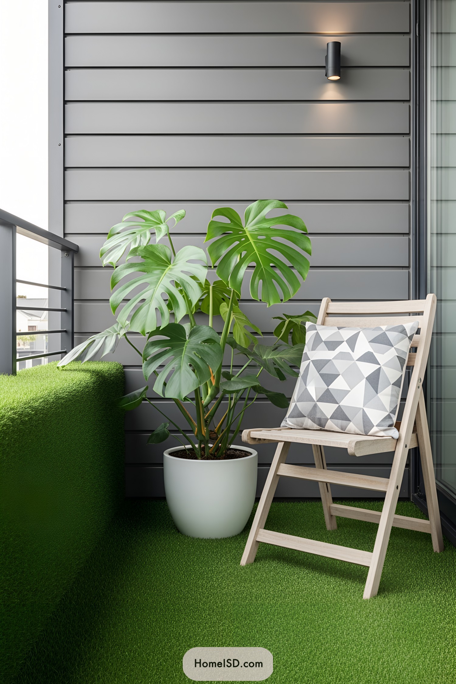 White pot with lush plant and chair with geometric cushion on a balcony