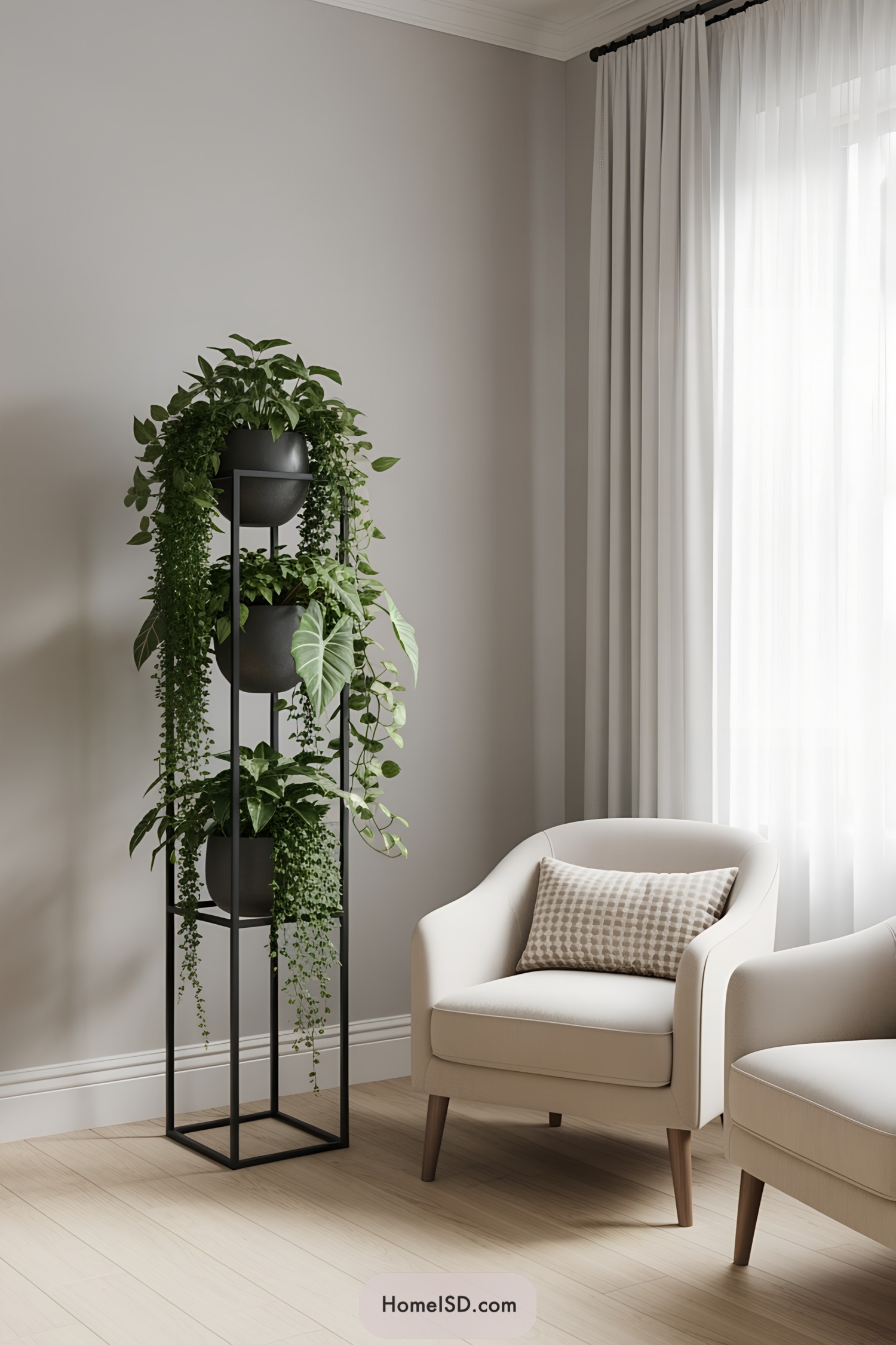 Metal plant stand with cascading greenery next to cushy armchair
