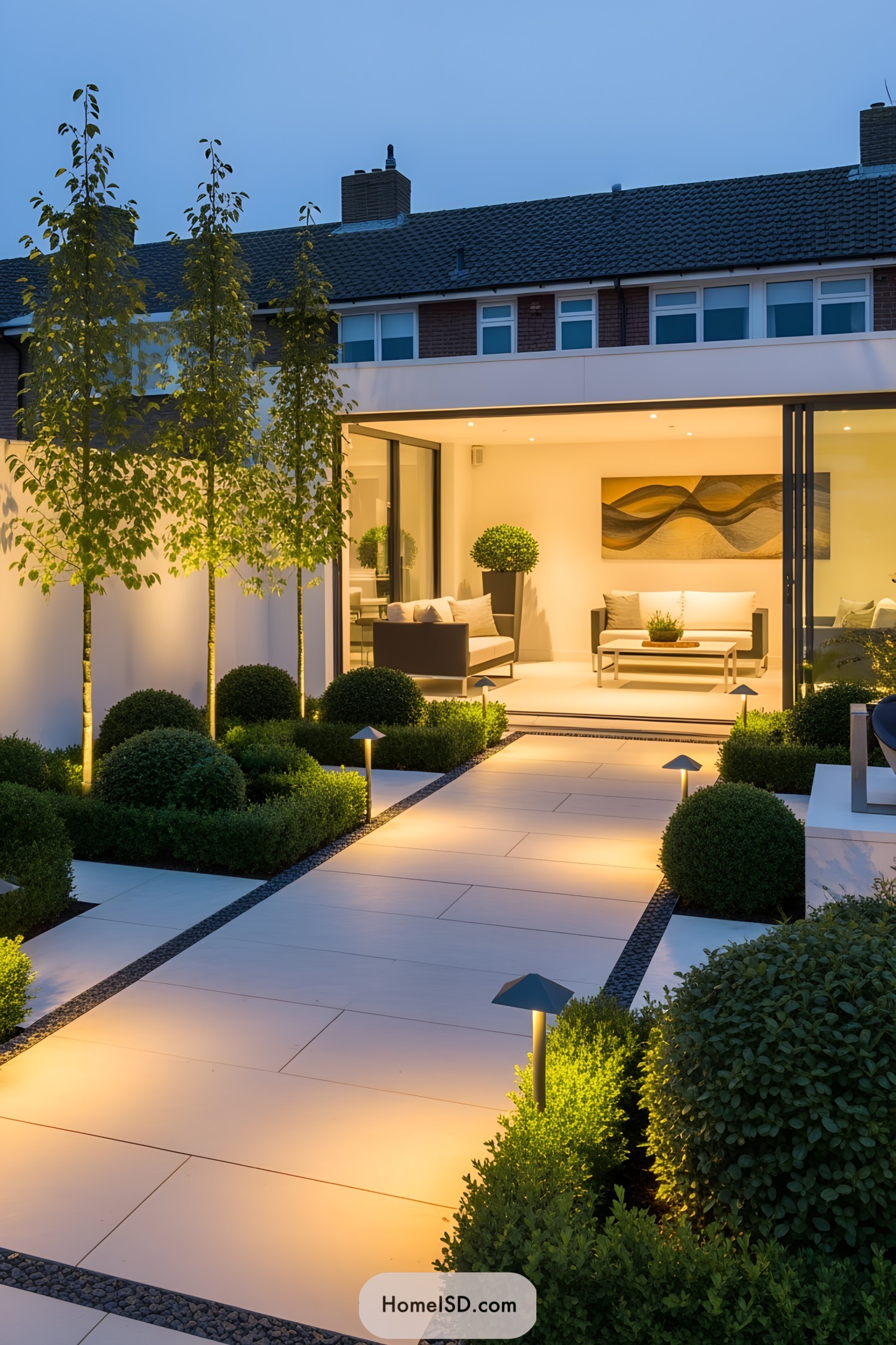 Contemporary backyard with warm lighting and stylish seating area