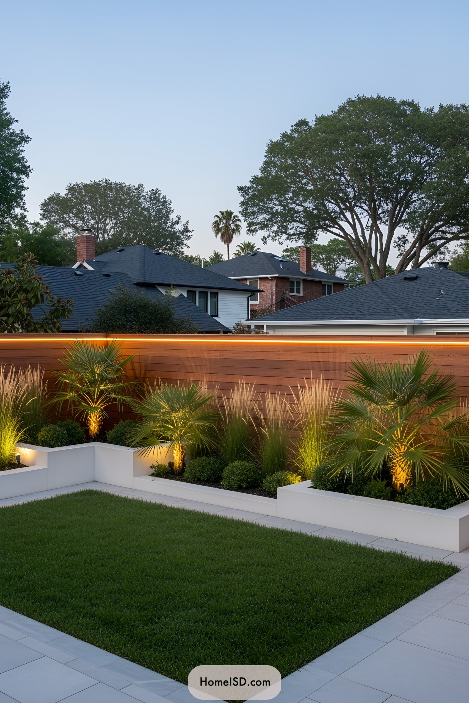 Modern backyard with lush greenery and wooden fence