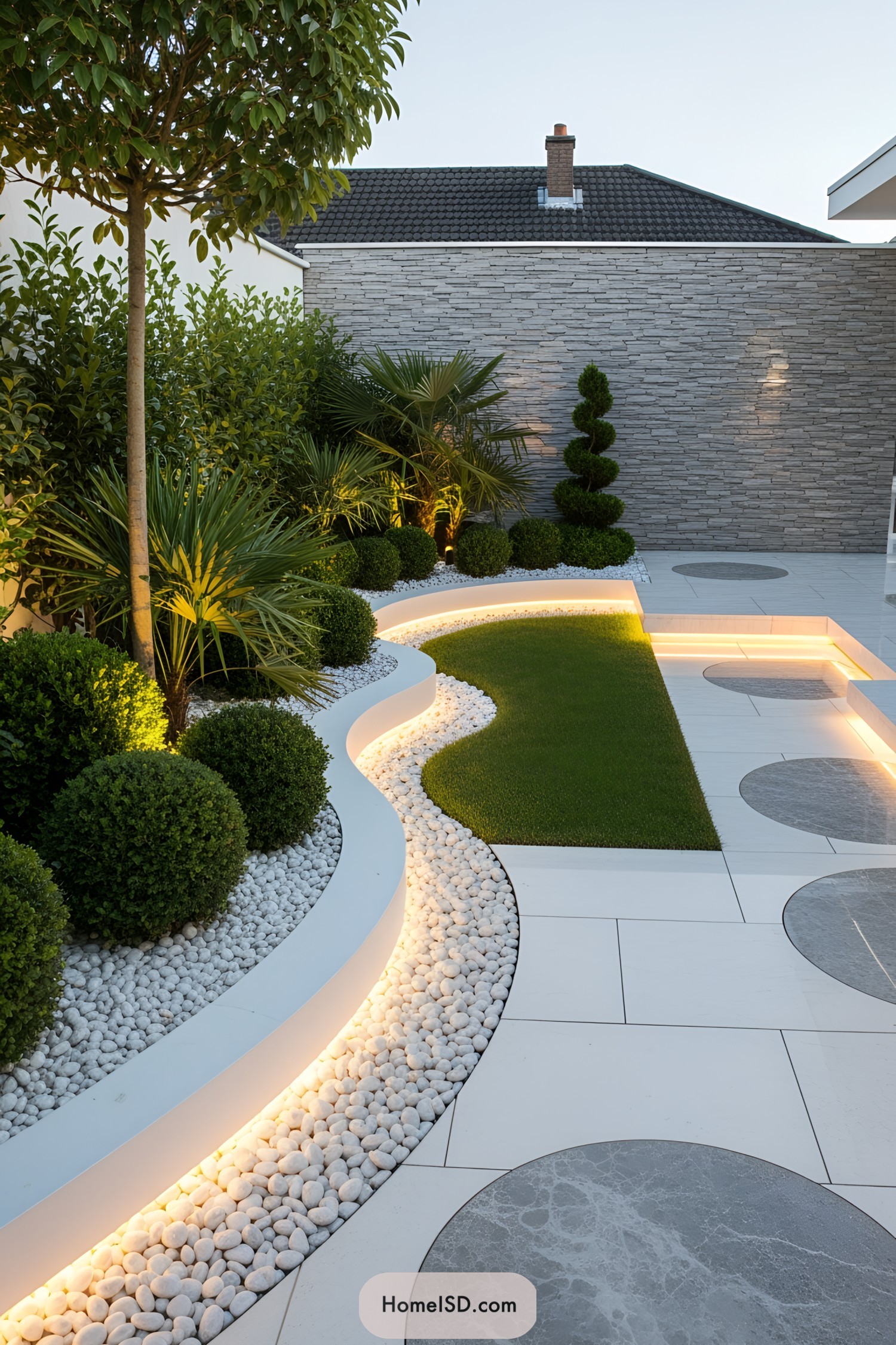 Lush backyard design with illuminated edging and smooth stones
