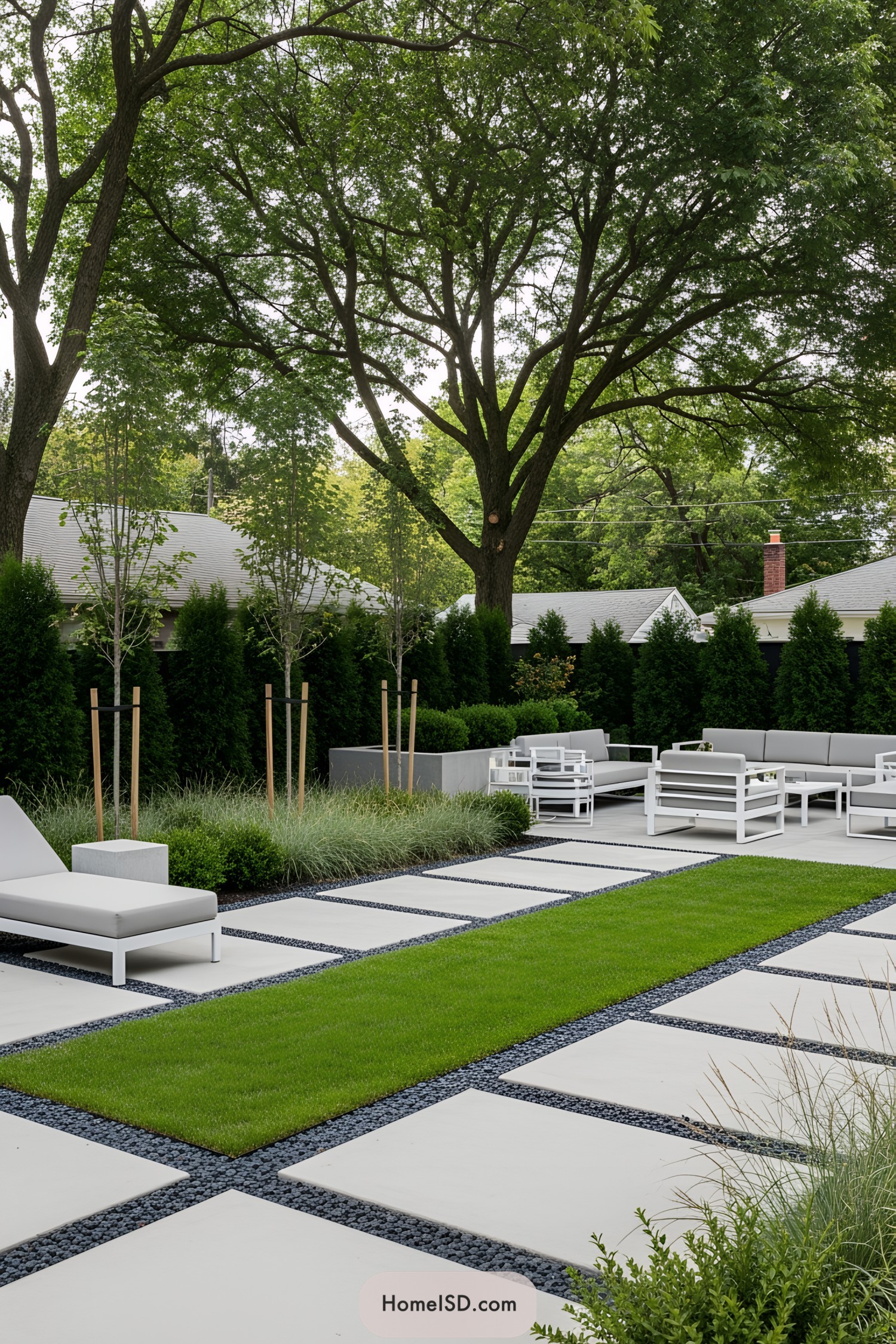 Modern backyard with geometric patio and lush greenery