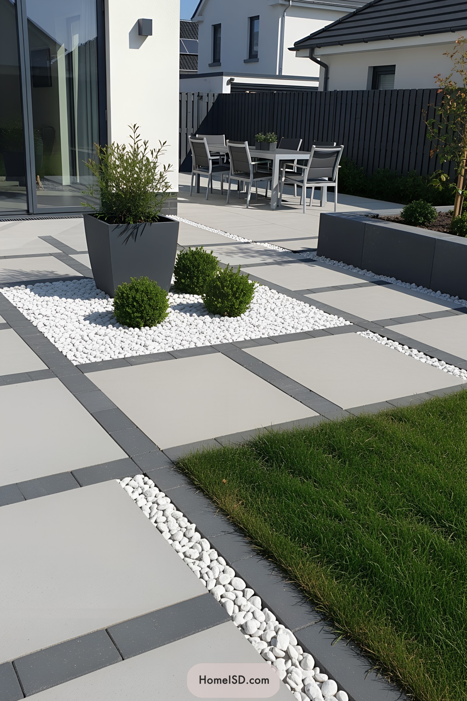 Contemporary backyard with sleek paving and foliage
