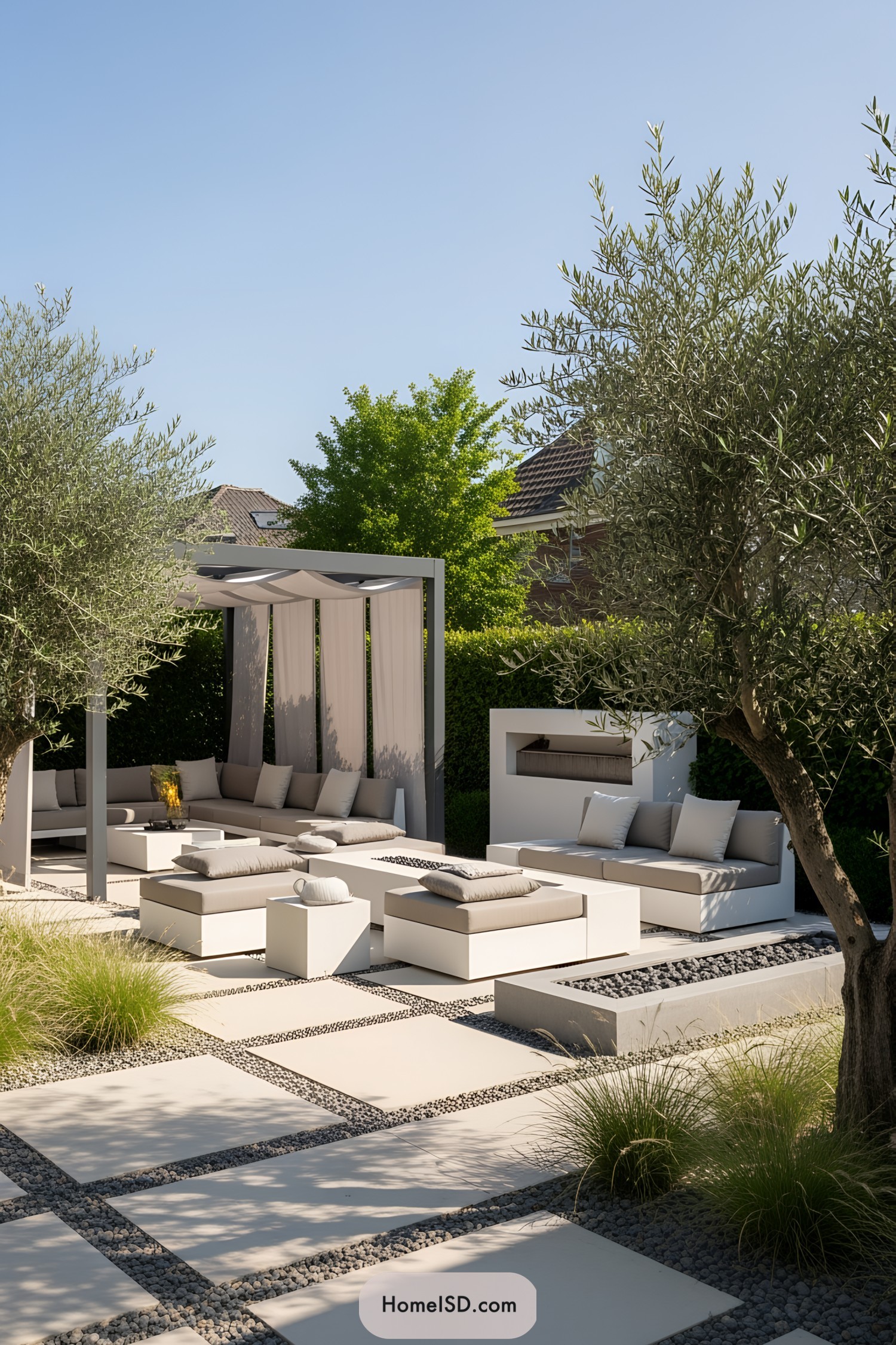 Modern outdoor seating area with pergola and cushioned furniture