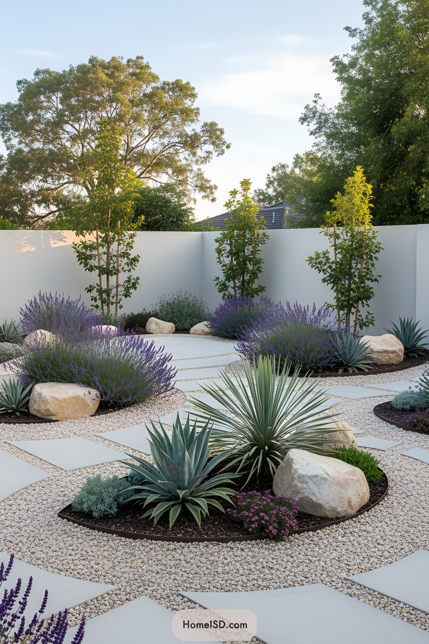 Contemporary backyard with geometric paving and desert plants