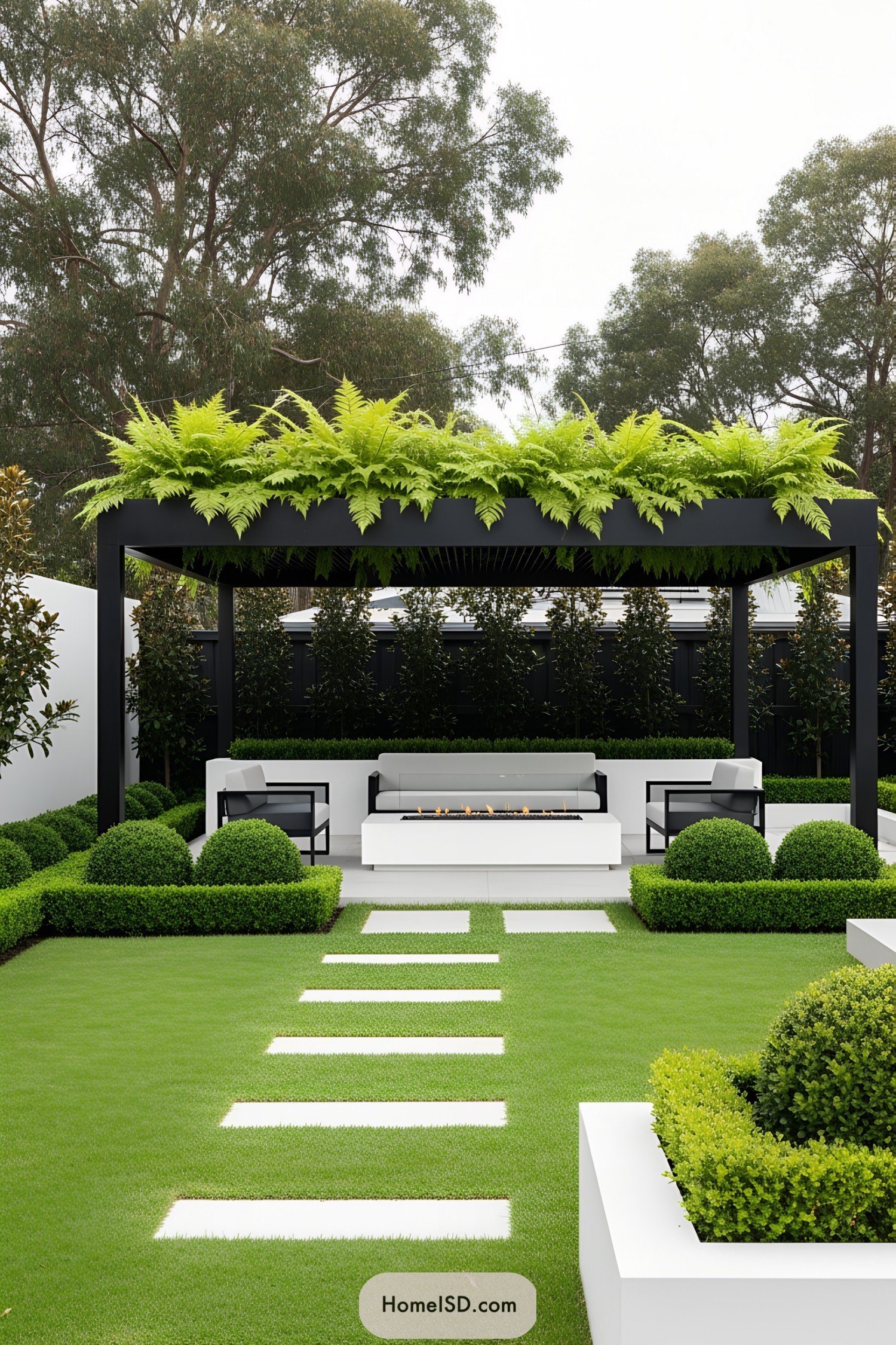 Modern pergola with lush greenery and sleek furniture