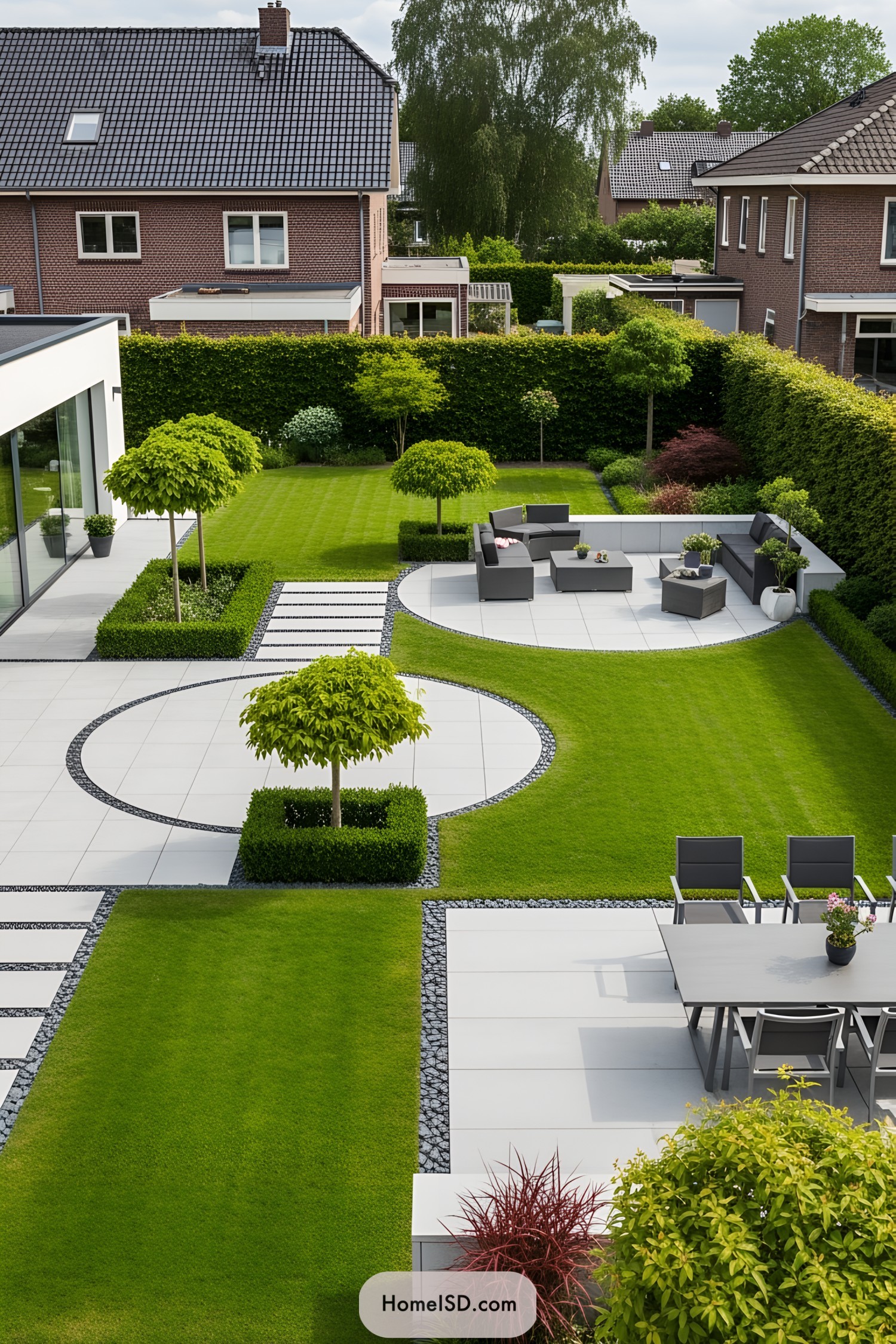 Spacious lawn with modern outdoor furniture and geometric design