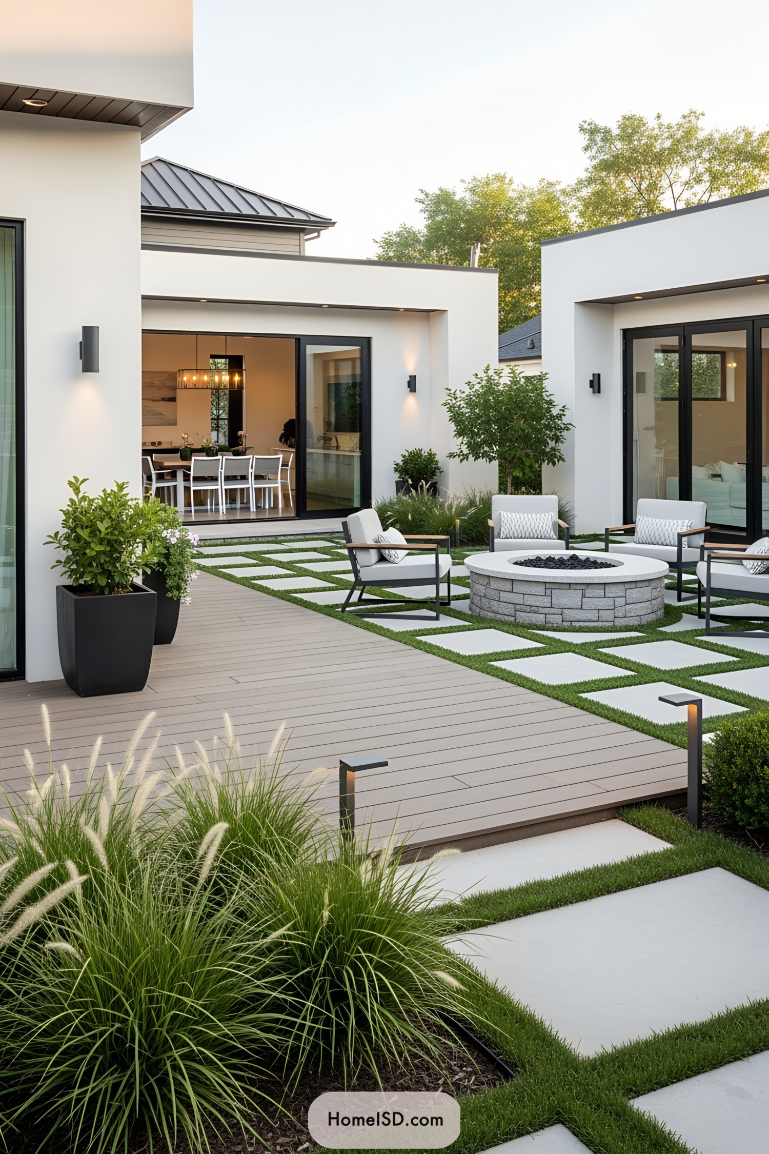 Stylish outdoor space with seating and greenery