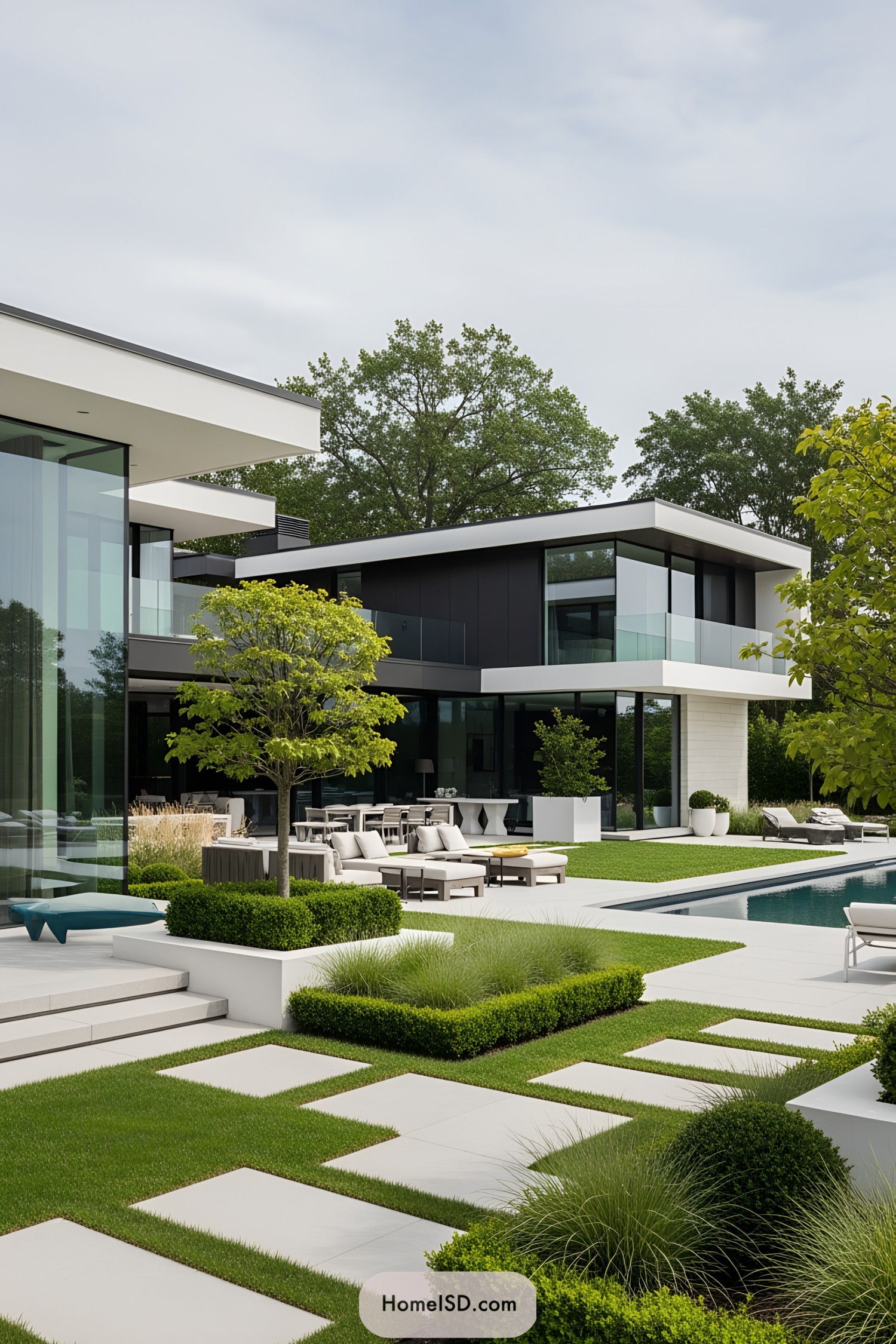 Sleek backyard with pool, stylish furniture, and manicured greenery