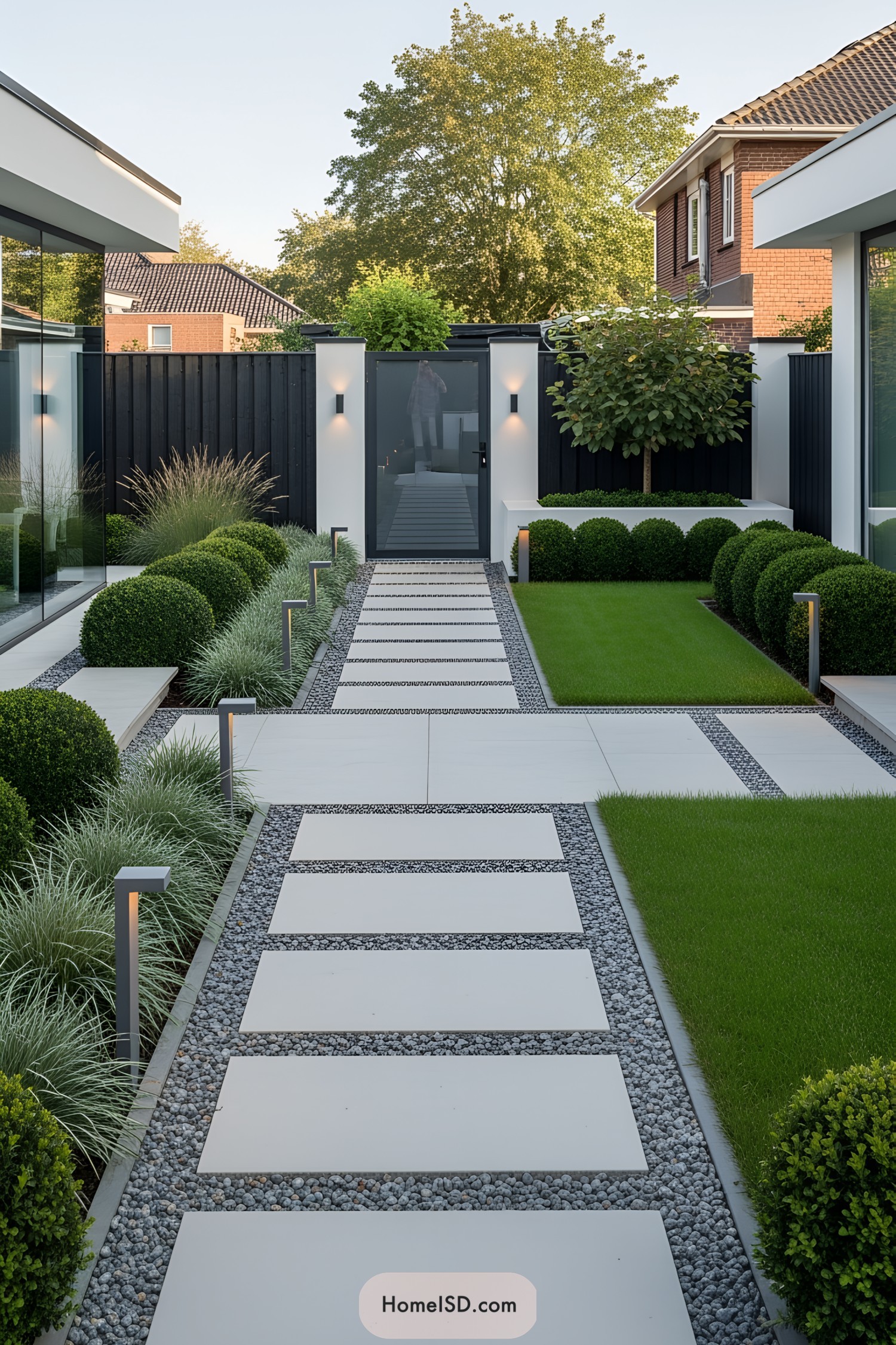 Modern backyard with white stepping stones and lush green plants