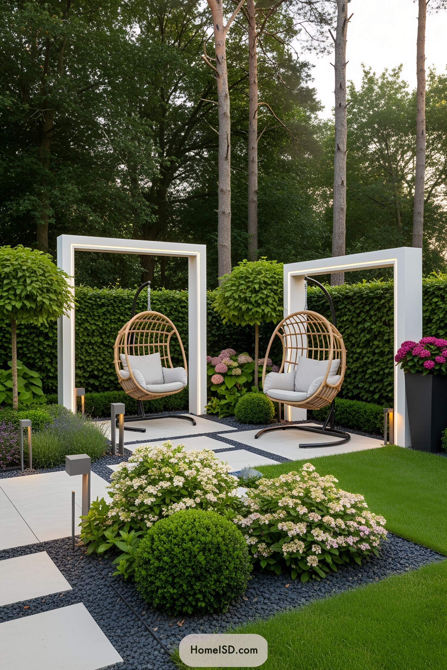 Two hanging chairs in a lush backyard with modern accents