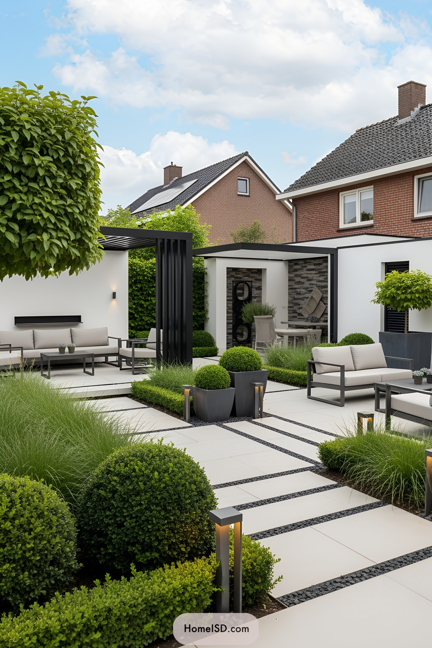 Modern patio with sleek seating and lush greenery