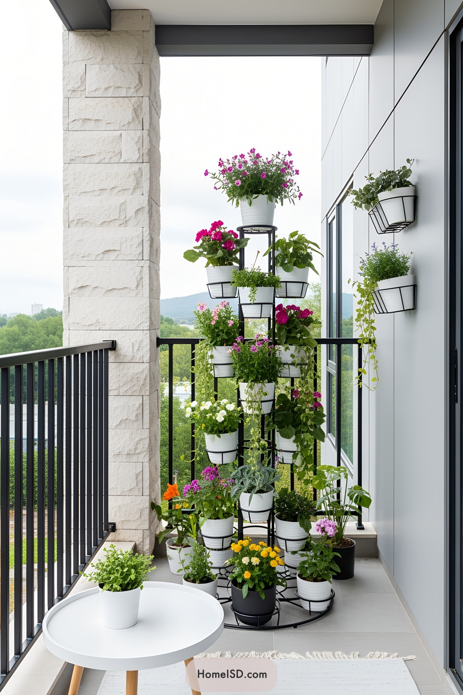 Colorful potted plants on a balcony stand with a scenic backdrop