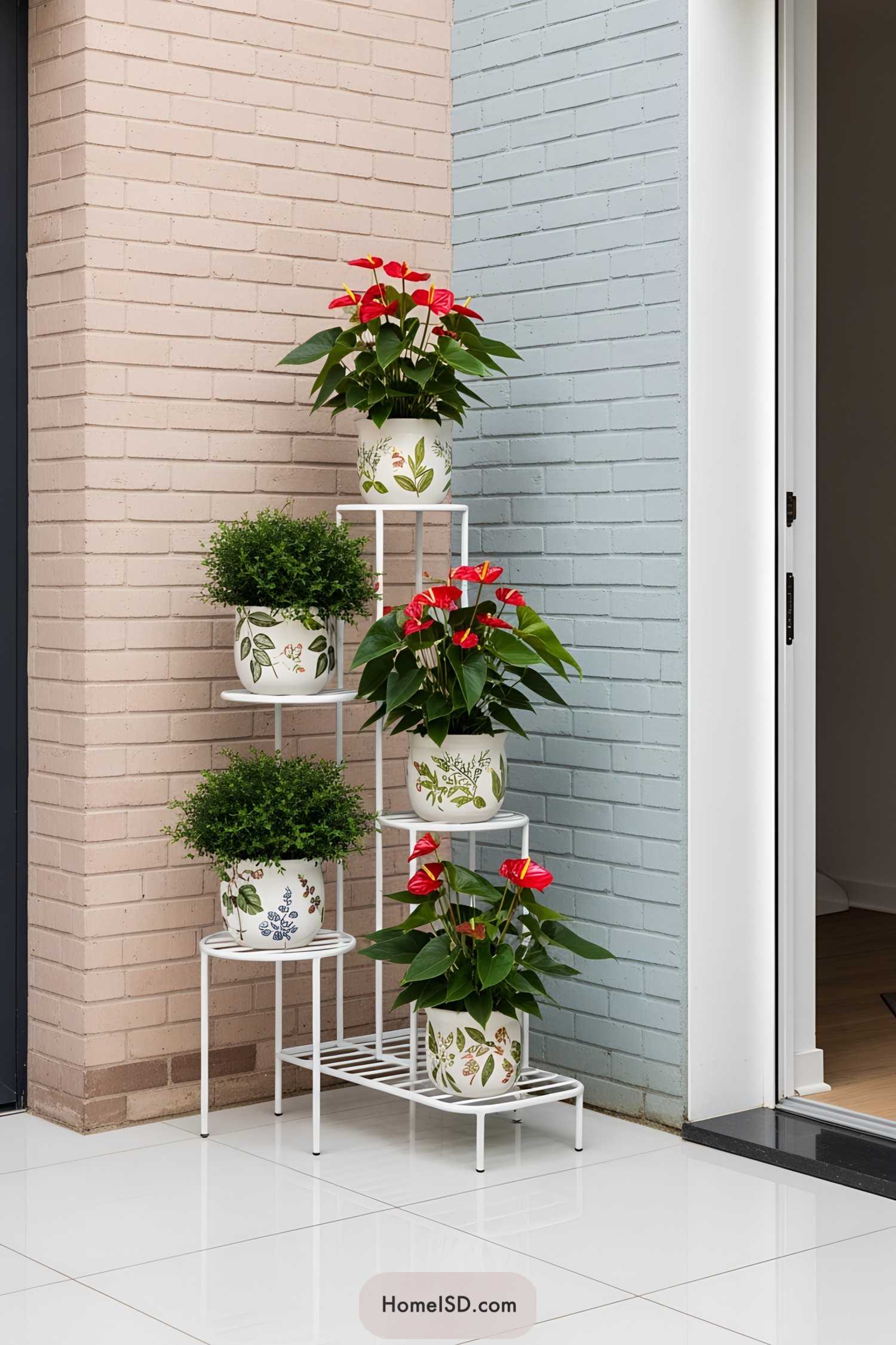 Charming white plant stand with colorful pots and flowers