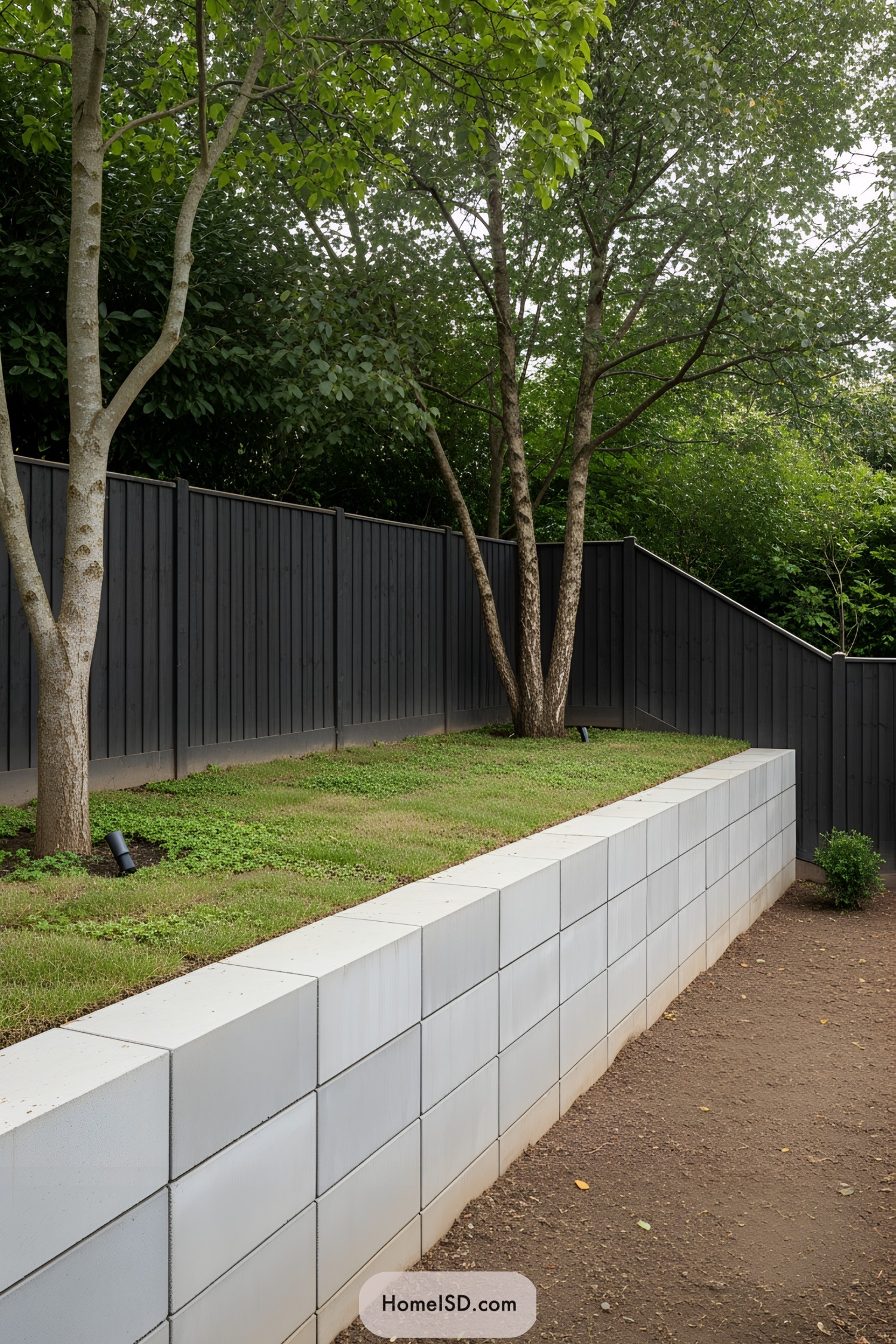 Simple retaining wall with trees and grass