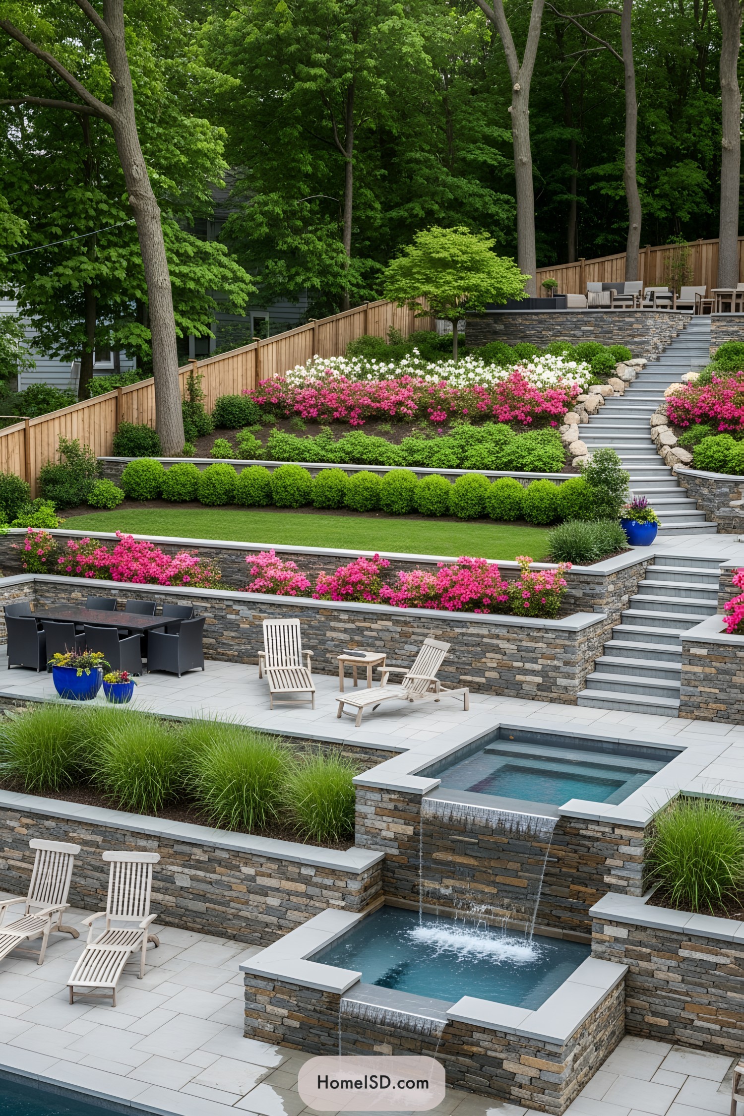 Multi-level garden with stone walls, flowering plants, and water features