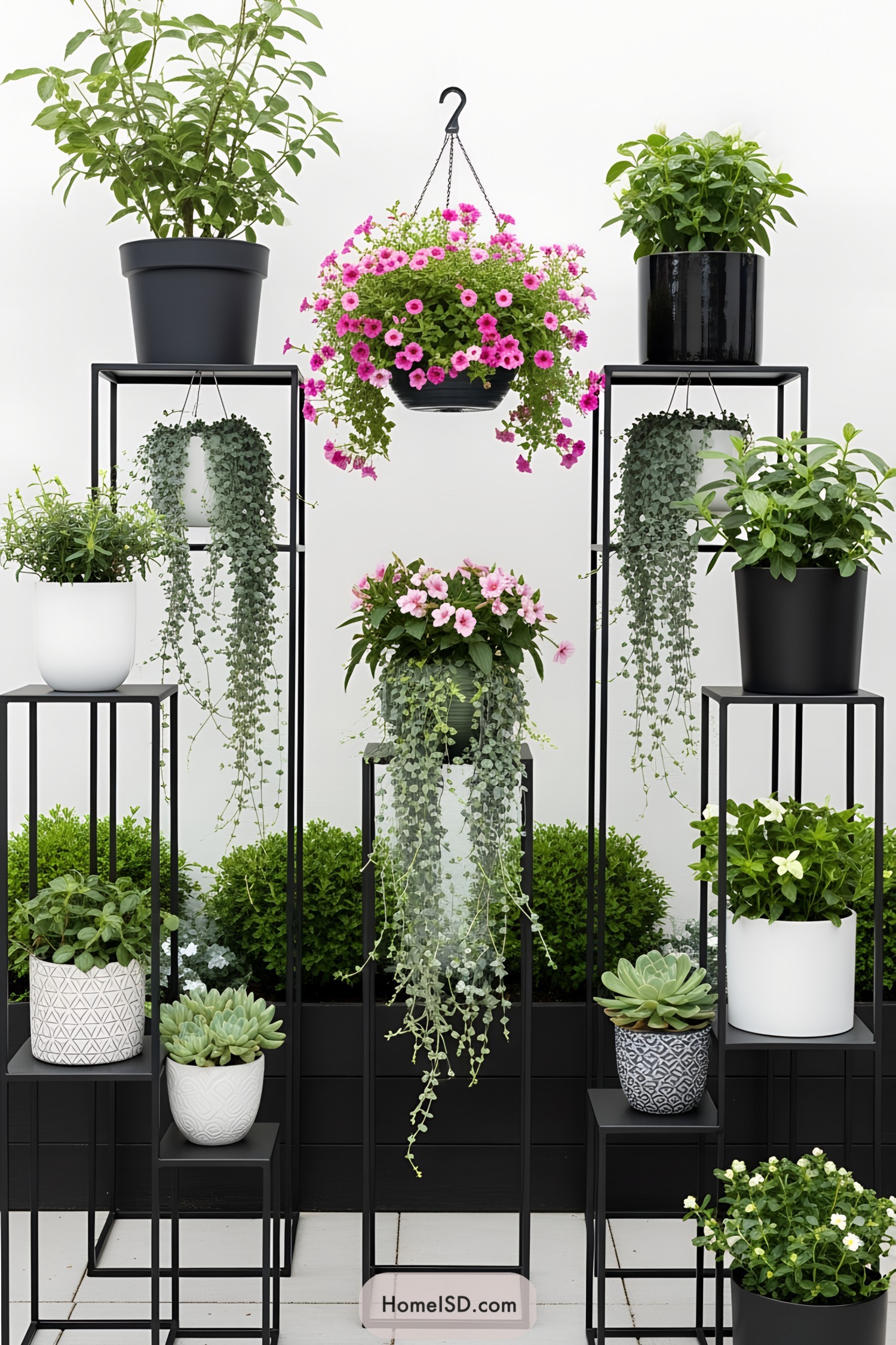 Stylish black plant stands with lush greenery and bright pink flowers