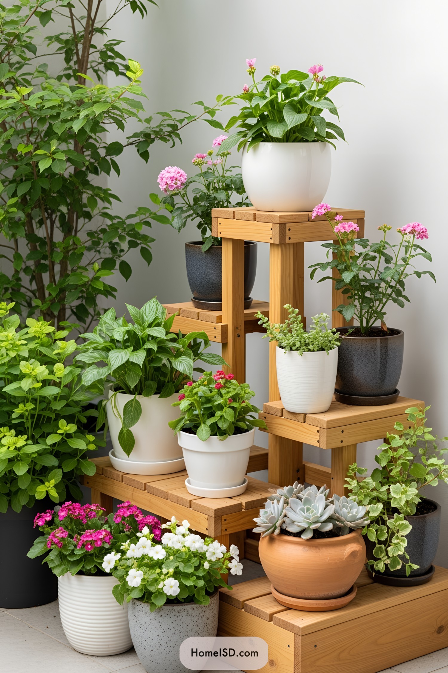 Wooden tiered stand with vibrant potted plants