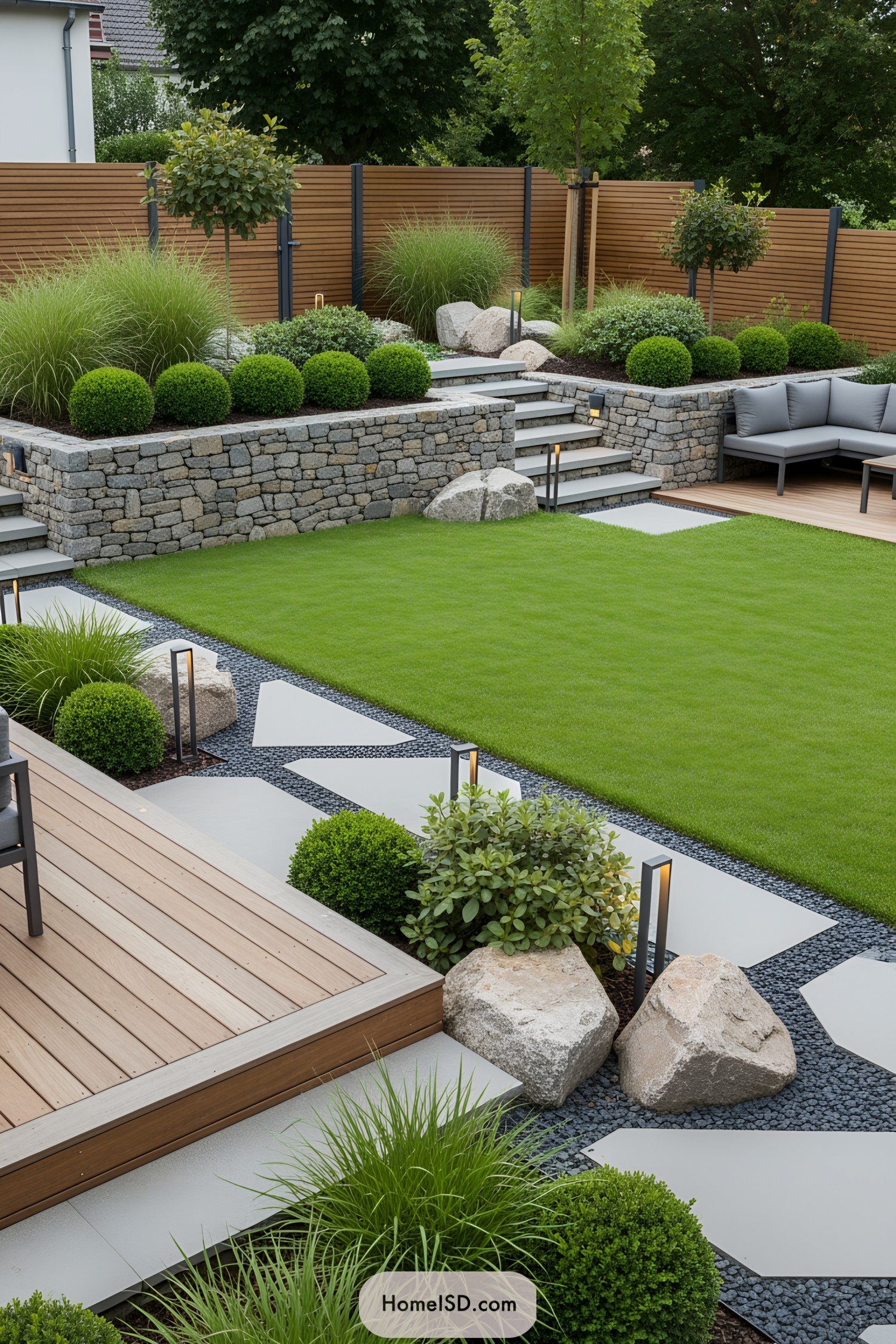Modern backyard with neat stone retaining walls and manicured grass