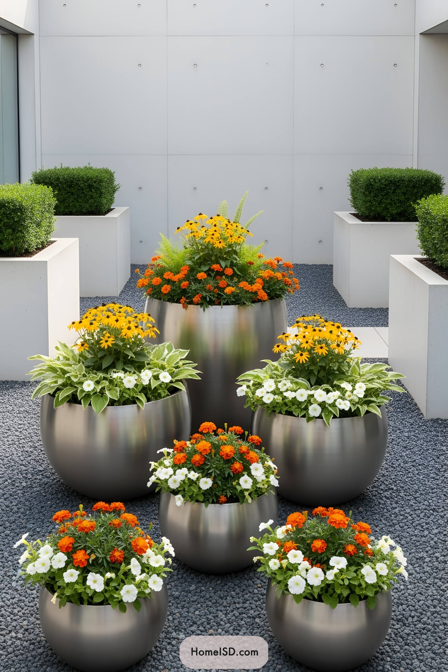 Large metallic pots with vibrant flowers on a modern patio