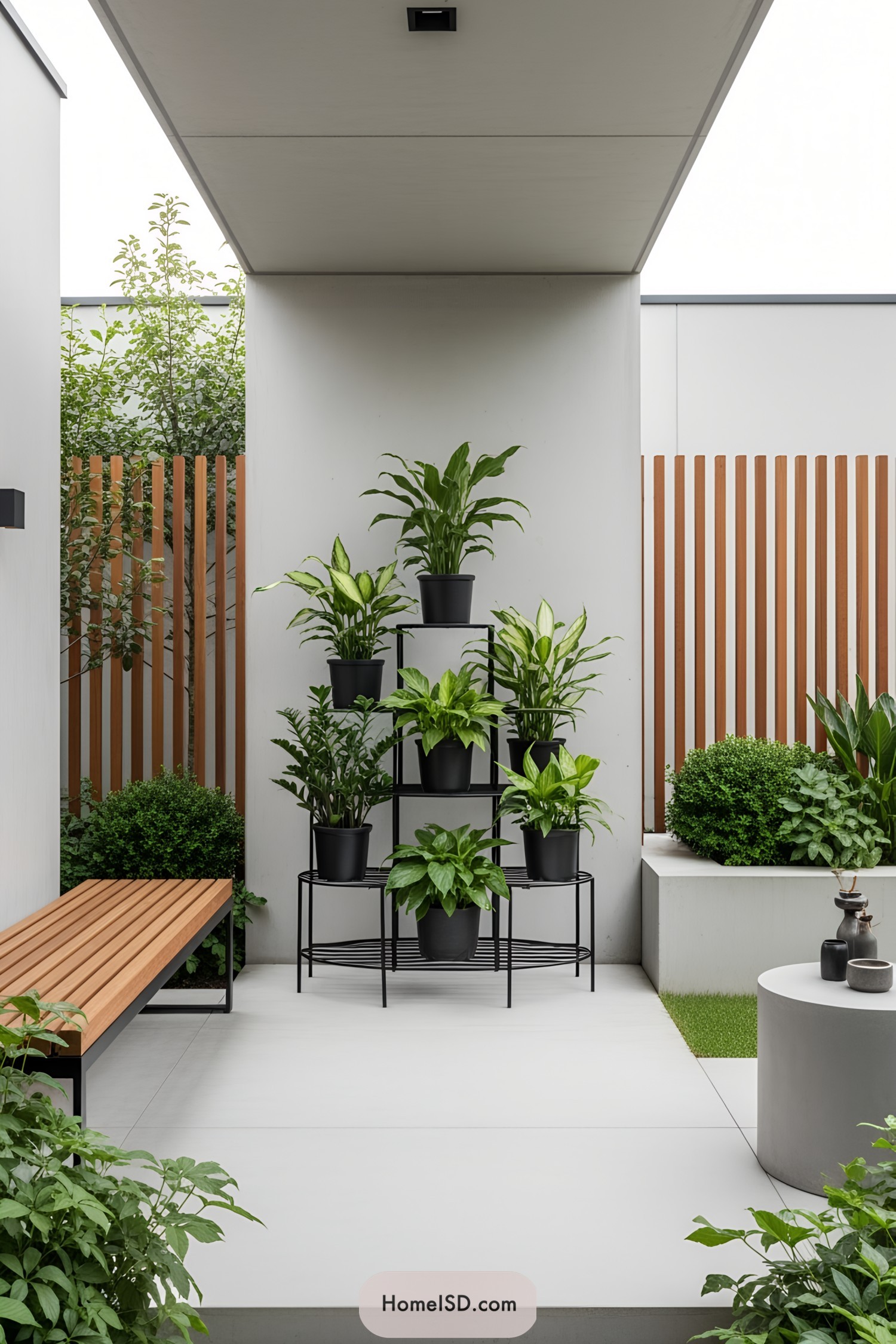 Tiered plant stand with vibrant foliage