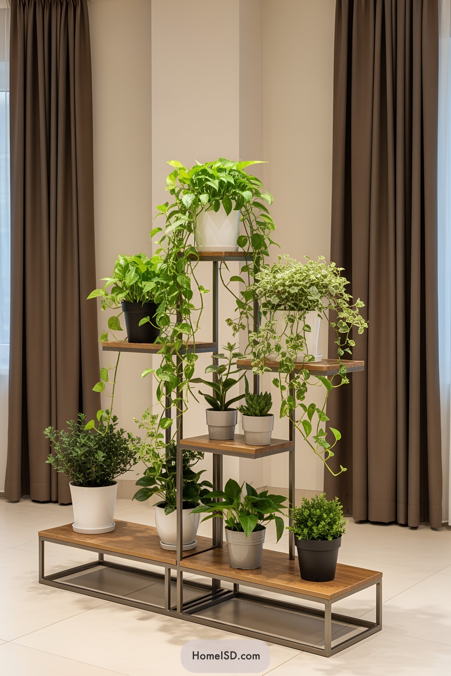 Various potted plants on a multi-level stand near brown curtains