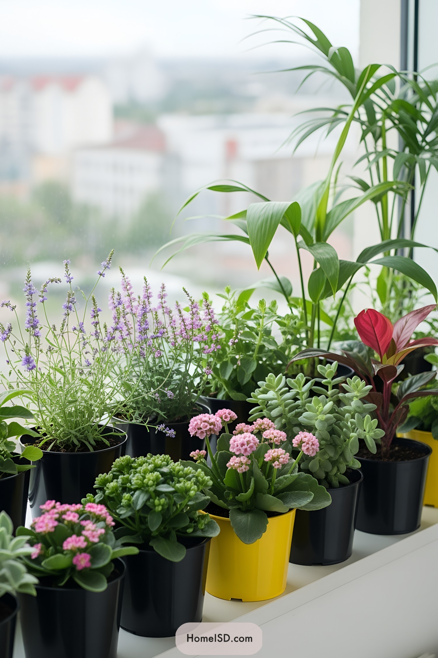 Colorful array of small potted plants on a windowsill