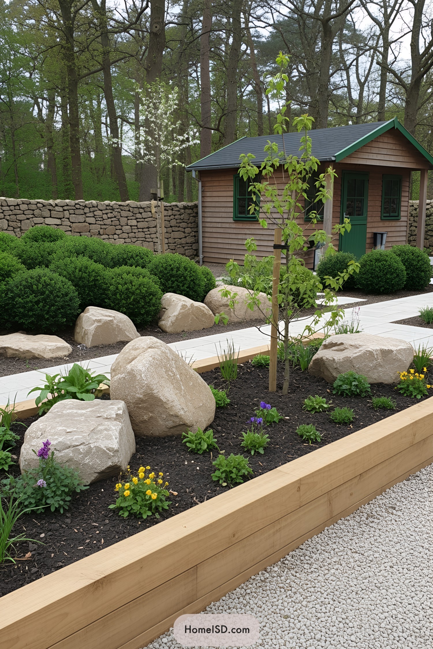 Rustic garden with rocks, plants, and a wooden shed