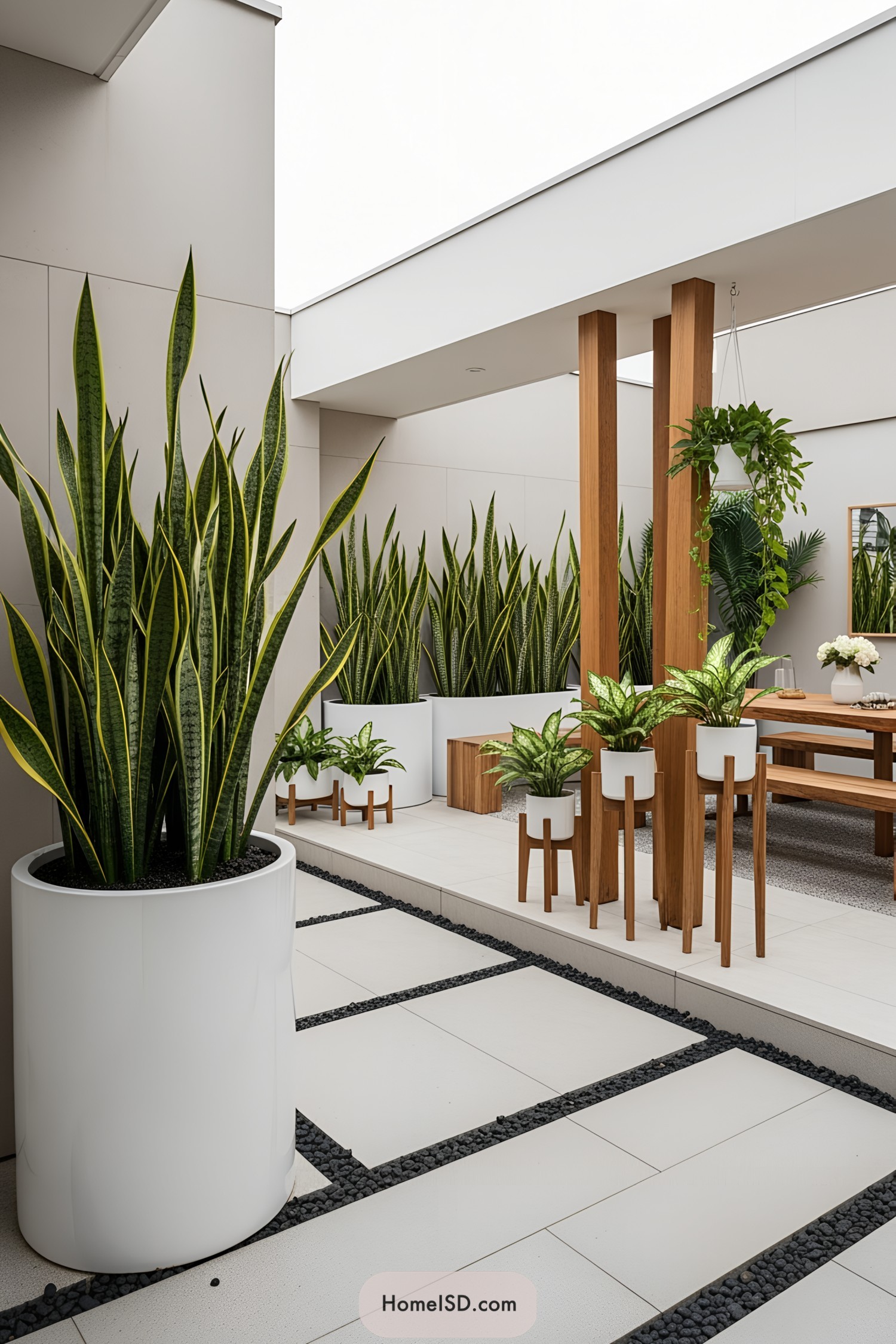 Stylish white plant pots with snake plants on a modern patio