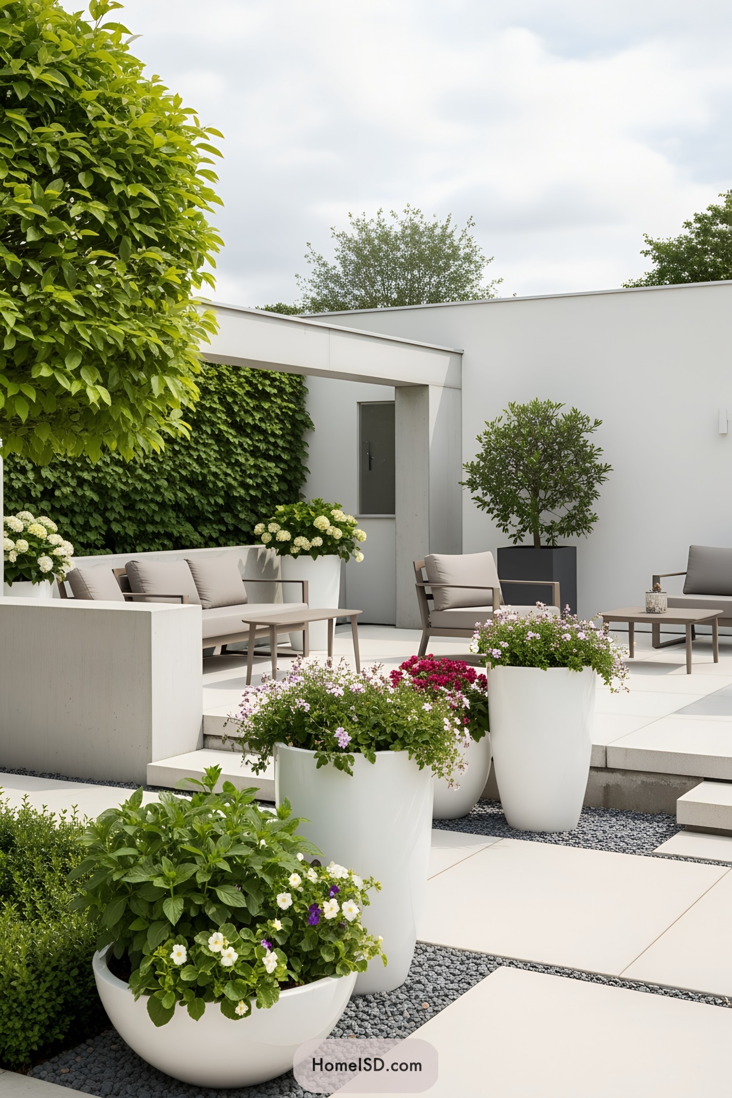 White flower pots with vibrant plants on a modern patio