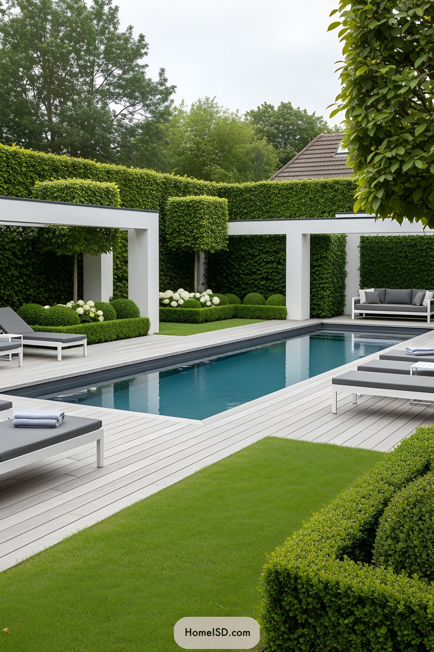 Sleek poolside with modern landscaping
