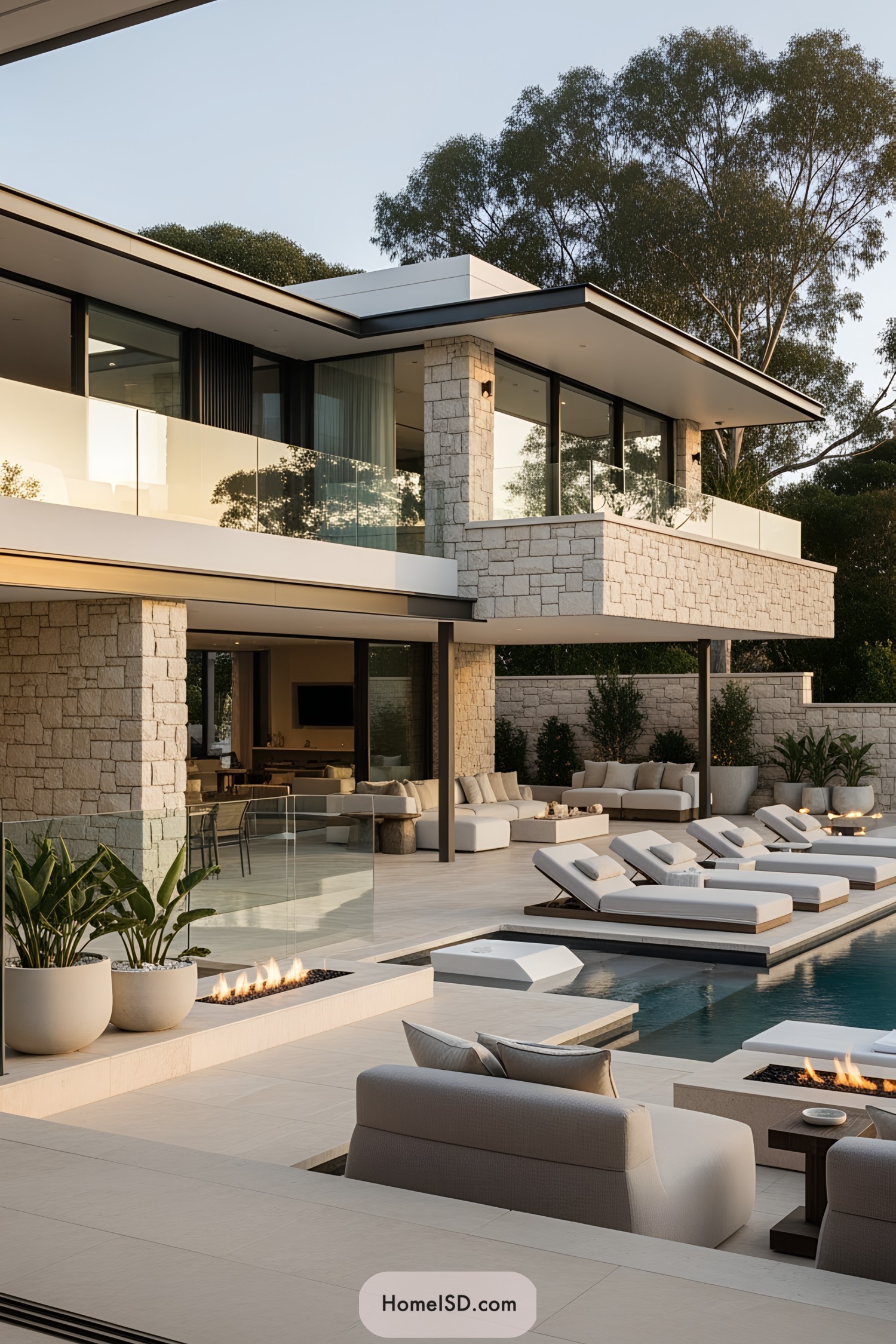Modern pool with lounge chairs and fire features